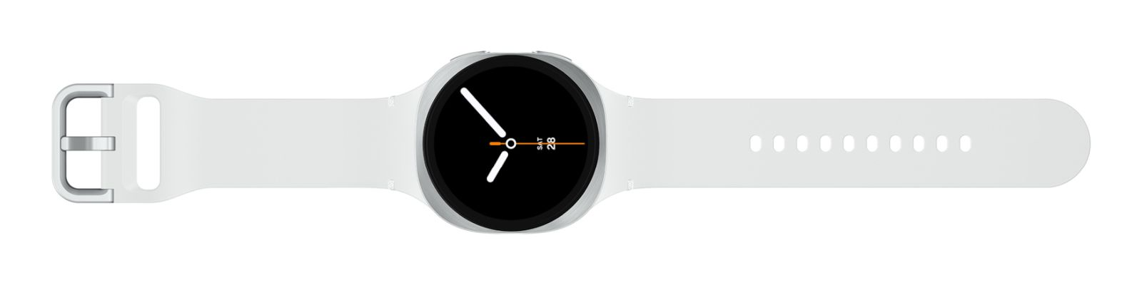 Eine weiße Smartwatch mit schwarzem Display und silberner Schnalle.