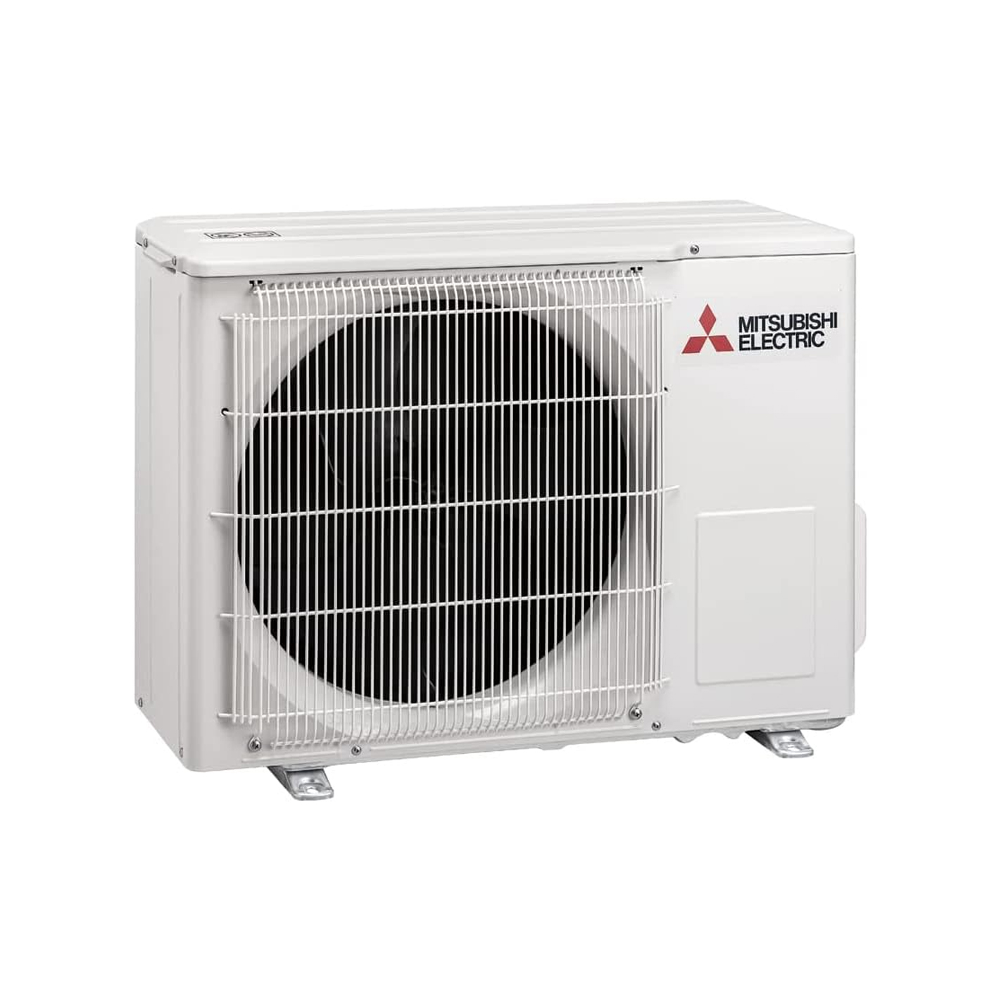 Unidad exterior blanca Mitsubishi Electric con rejilla de ventilador grande y logo.