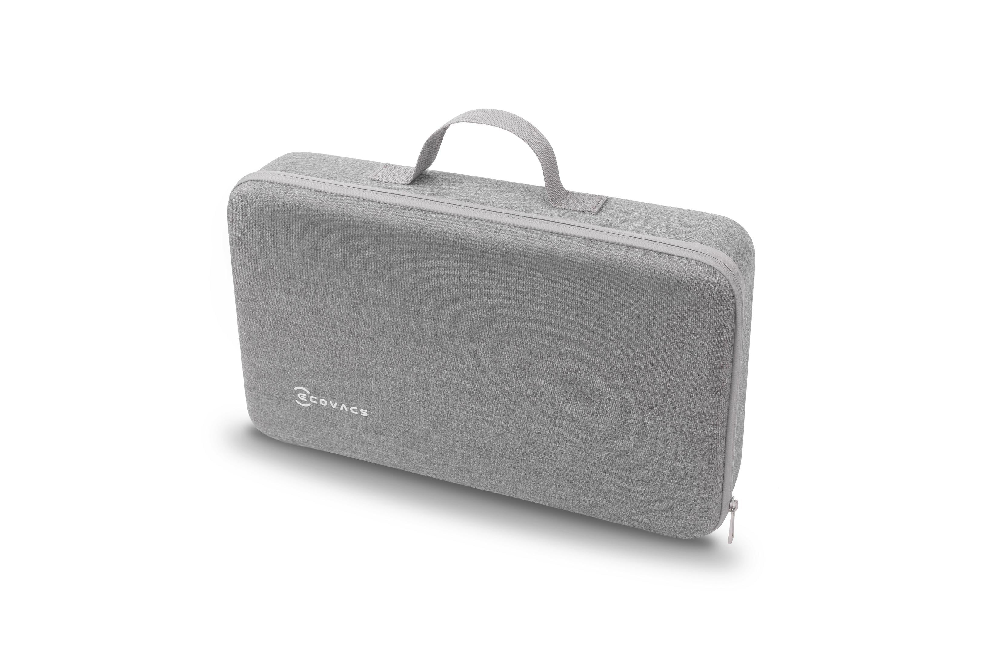 Custodia in tessuto grigio con manico e zip, logo ECOVACS.