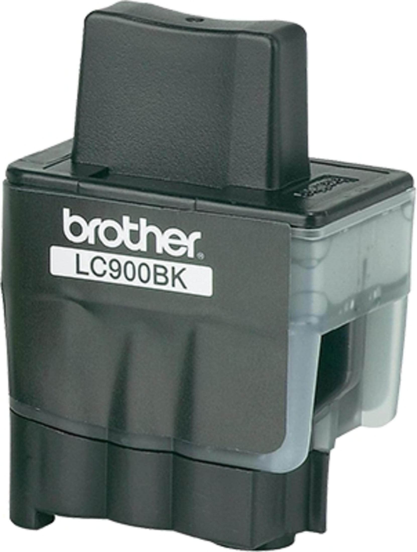 Schwarze Brother LC900BK Tintenpatrone mit transparentem Sichtfenster und schwarzem Aufsatz.