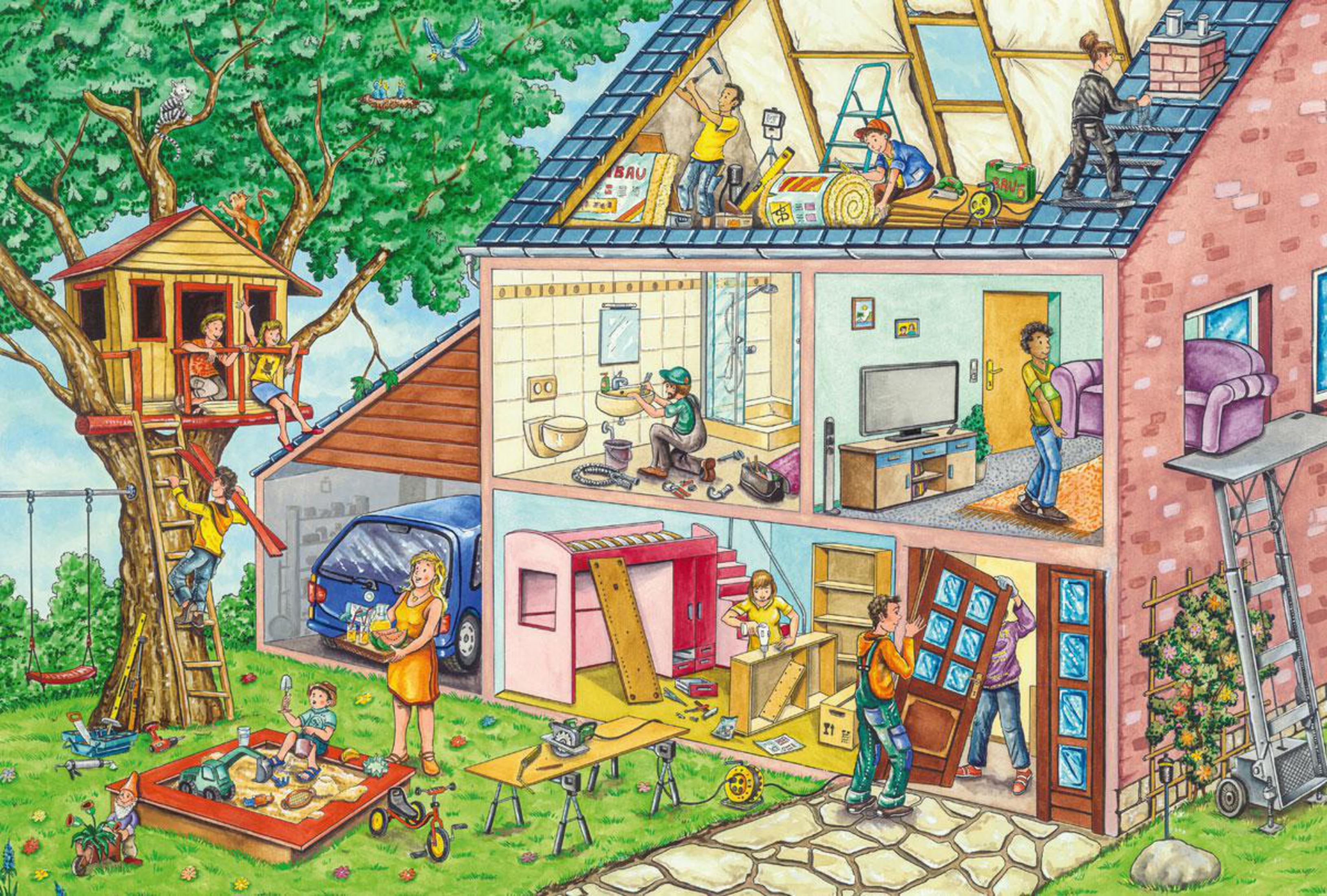 Ein Haus wird renoviert; Kinder spielen im Baumhaus und Sandkasten.