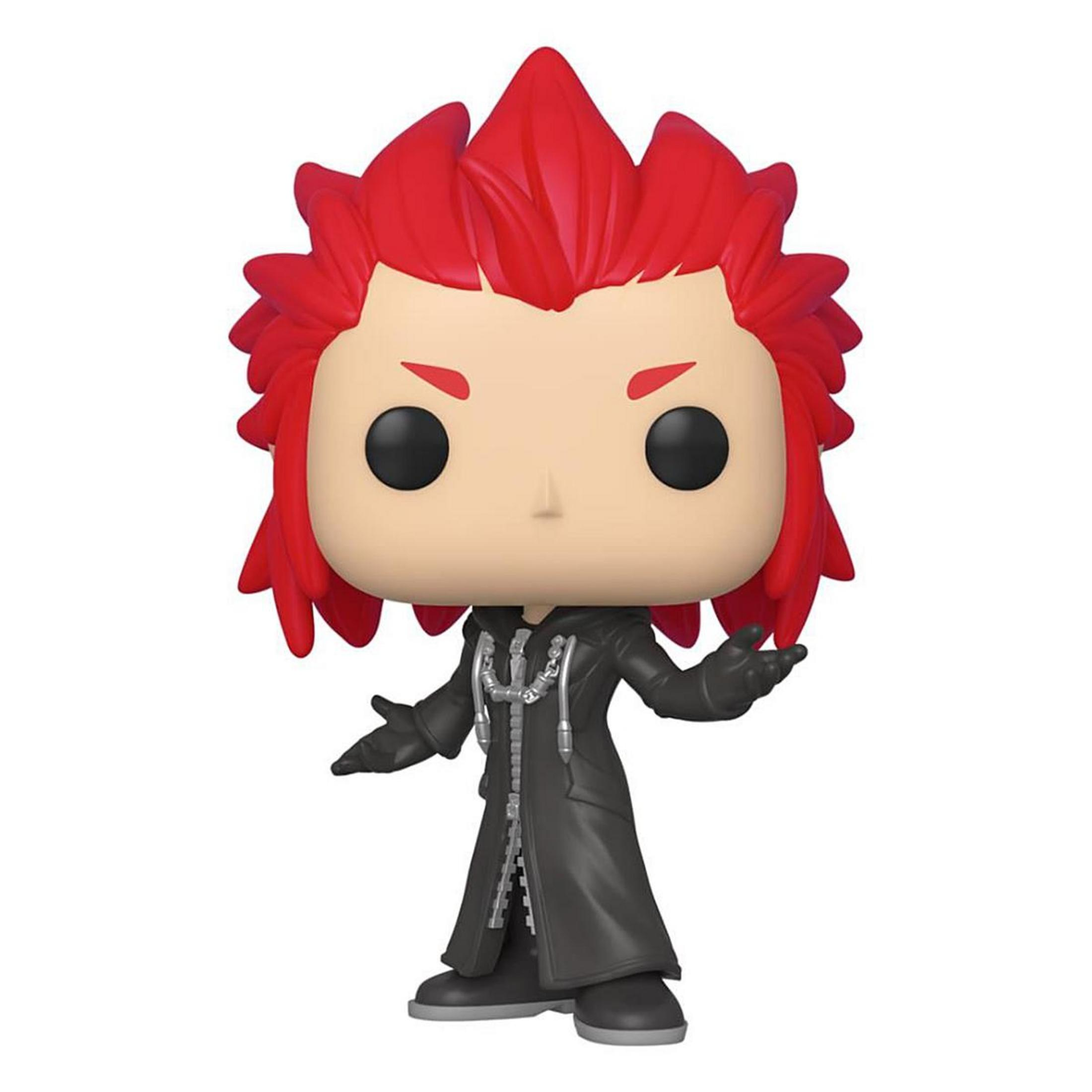 Ein Funko Pop! von Axel mit roten Haaren, schwarzem Mantel und erhobenen Händen.