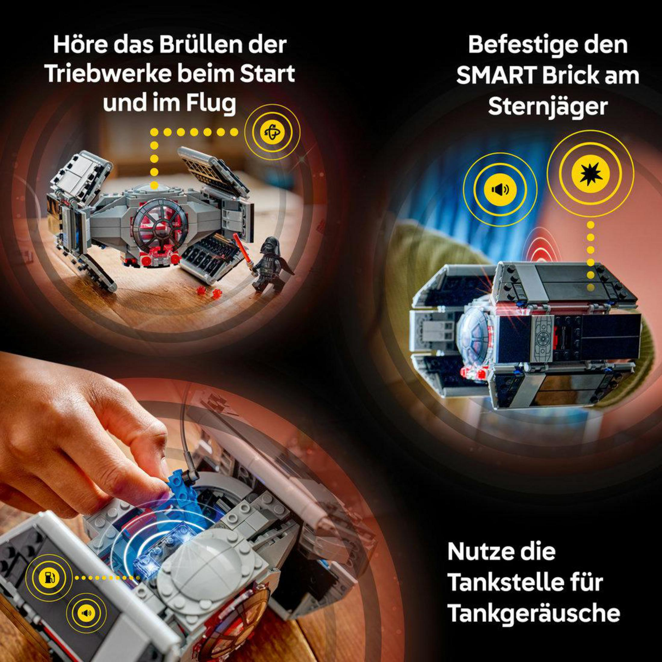 Nave Lego con figura di Darth Vader, mano che interagisce con mattoncini.