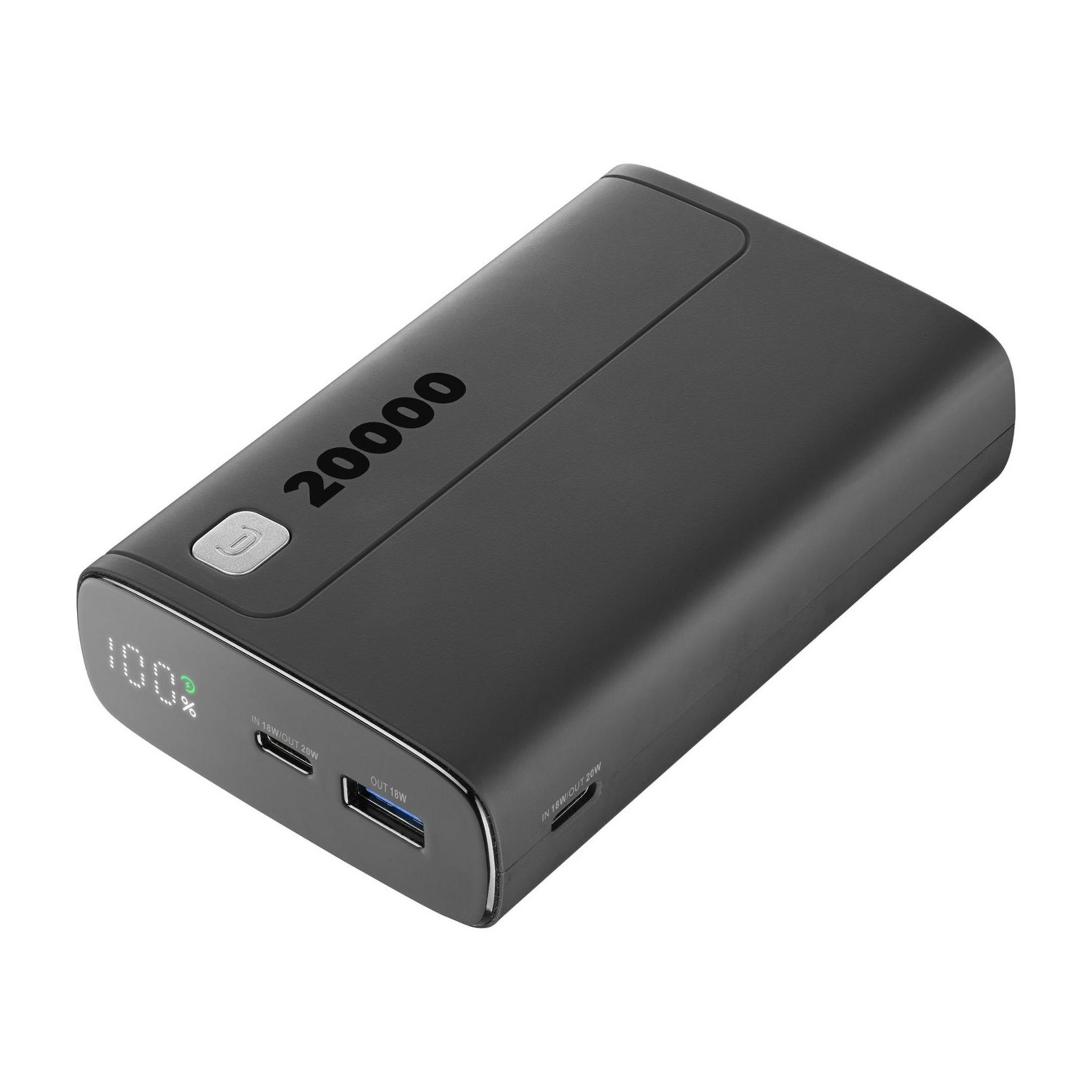 Czarny power bank 20000 ze 100% naładowania, porty USB-C i USB-A.