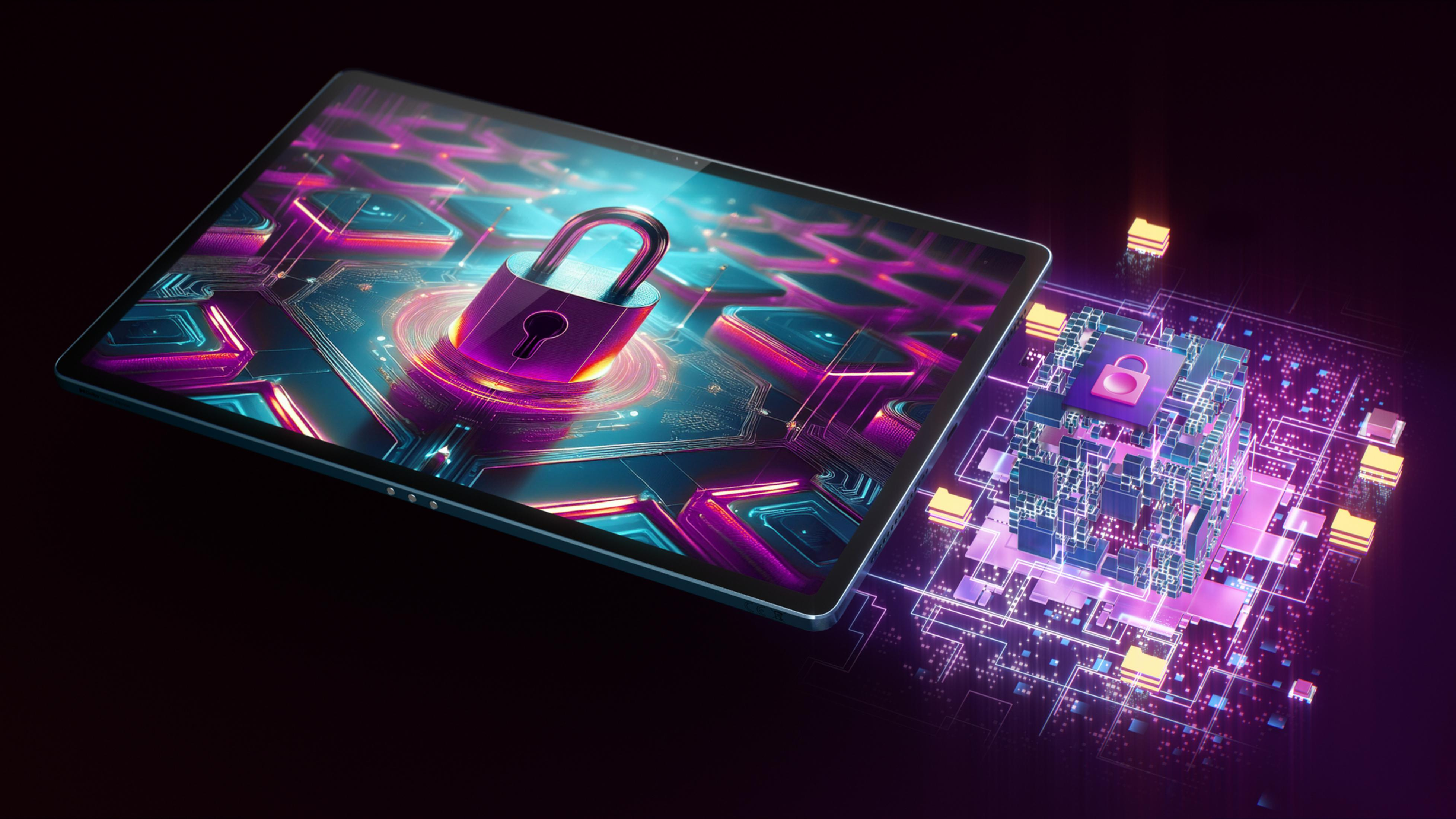 Ein Tablet zeigt ein leuchtendes lila Vorhängeschloss über einer Platine. Eine digitale Platine schwebt daneben.