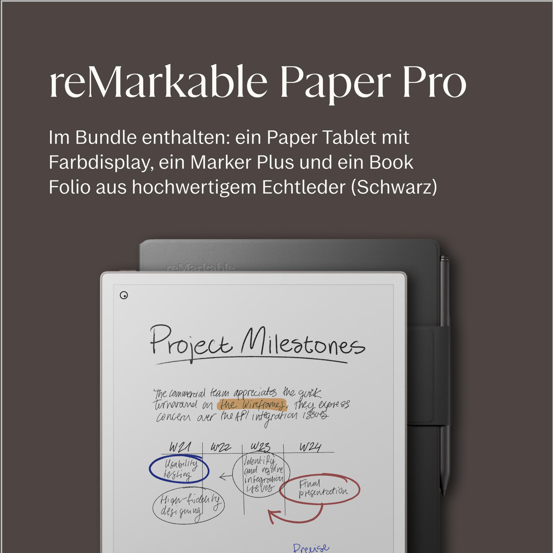 Dijital kalem ve siyah deri kılıflı reMarkable Paper Pro tablet. Ekranda yazılı proje kilometre taşları.