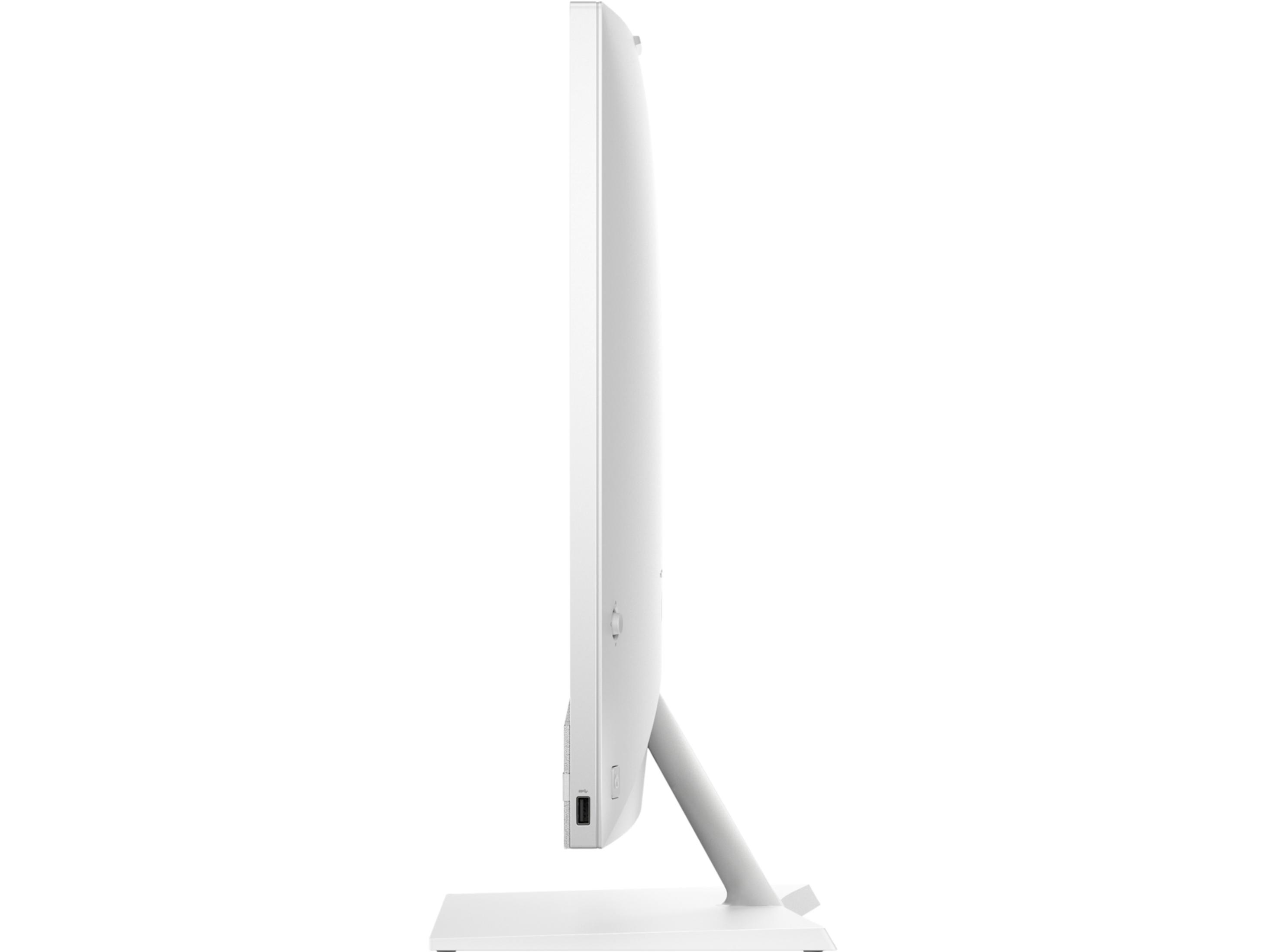 Vista lateral de un monitor blanco y delgado sobre un soporte blanco.