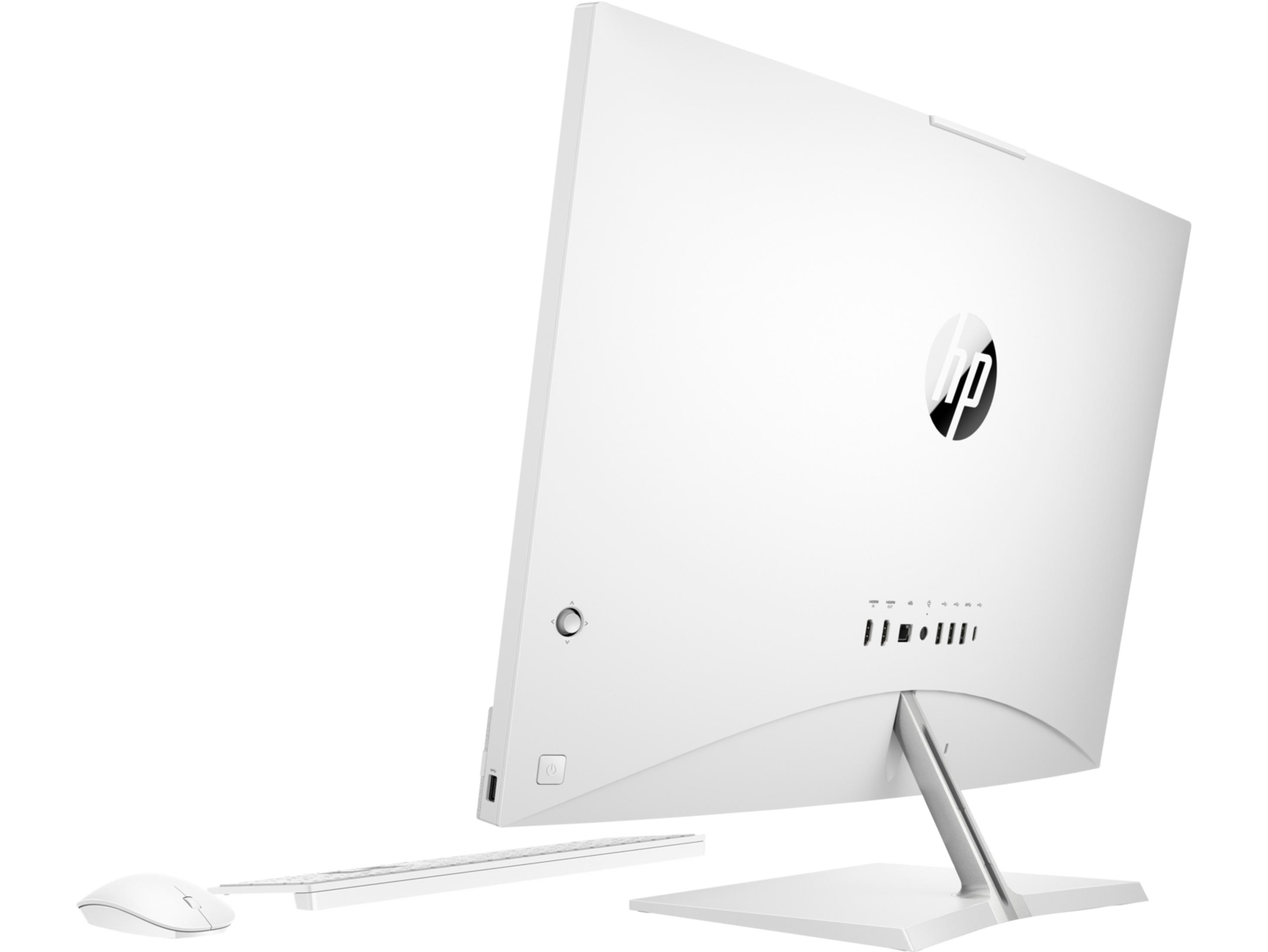 Ordenador todo en uno HP blanco, teclado y ratón sobre fondo blanco.