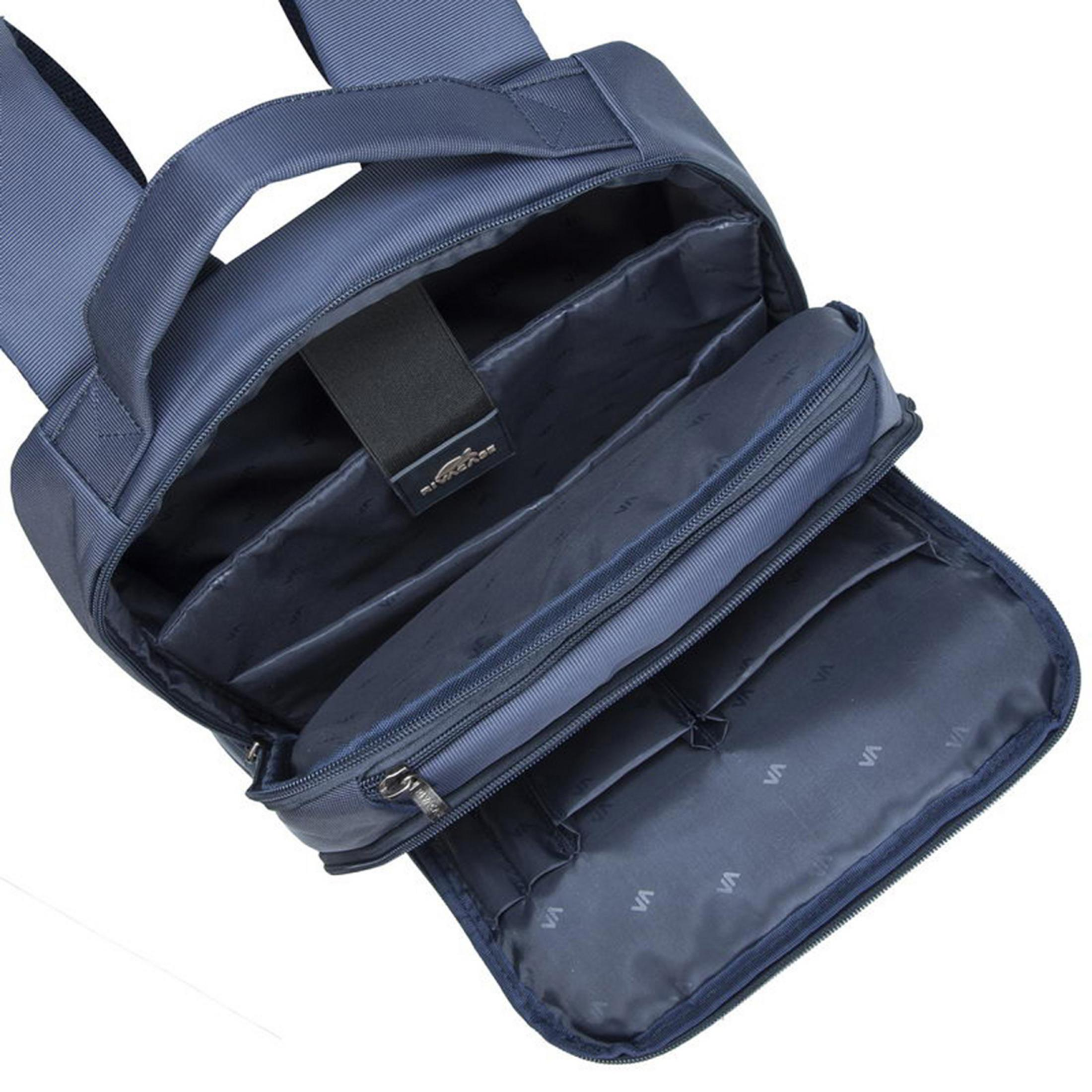 Zaino blu scuro con scomparto principale aperto, tasca per laptop e tasche.