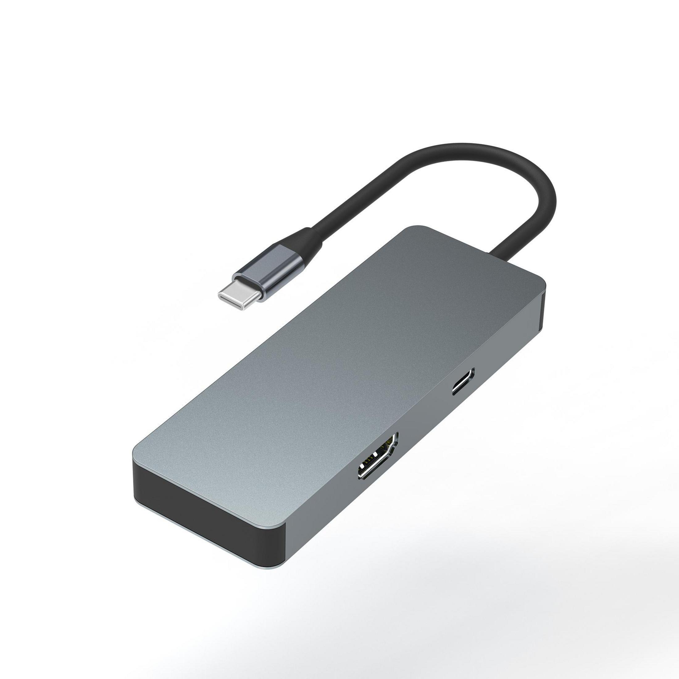 Grauer USB-C-Hub mit HDMI-, USB-A- und USB-C-Anschlüssen.