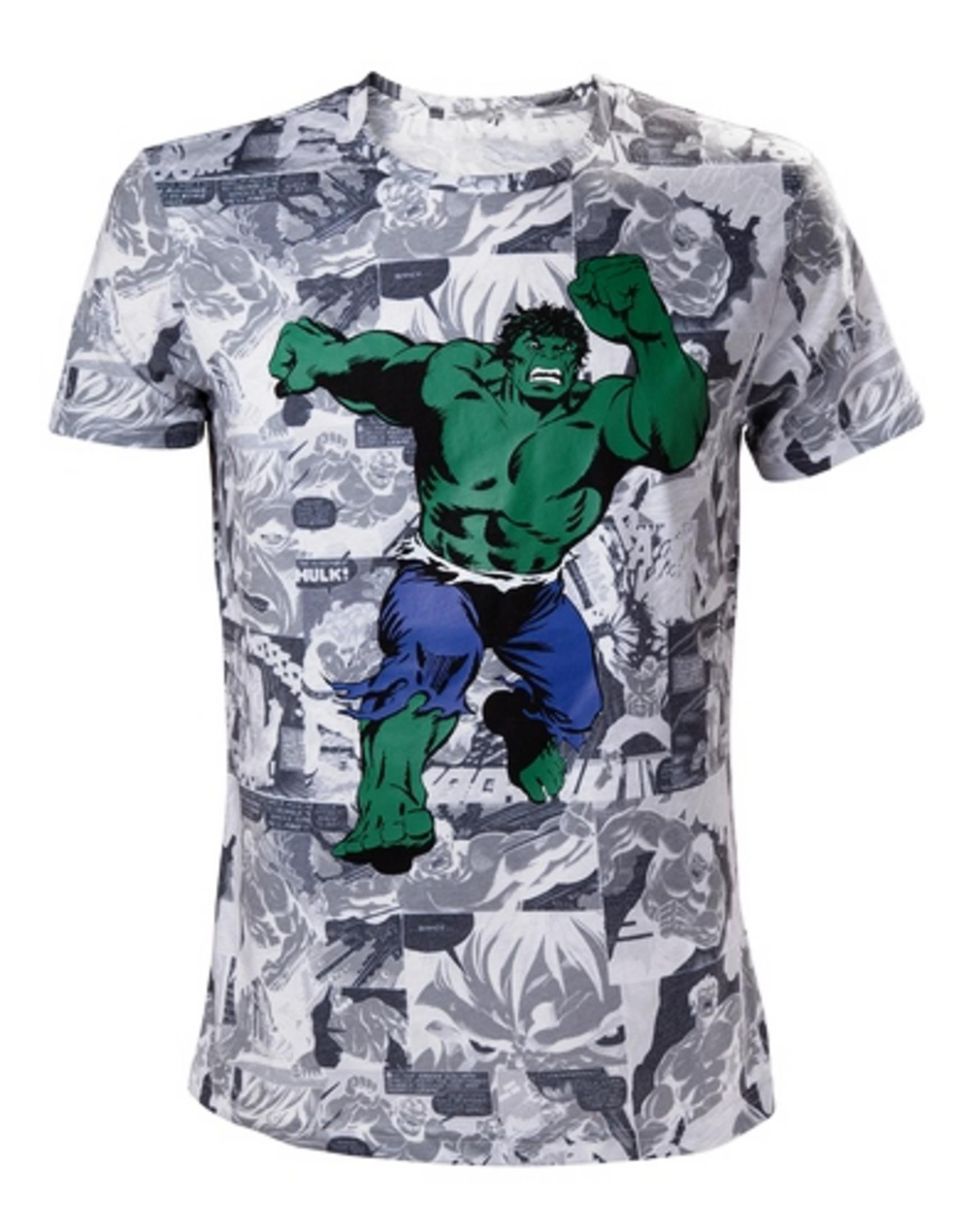 Ein graues T-Shirt mit einem Comic-Aufdruck des grünen Hulk und grauen Comic-Panels.