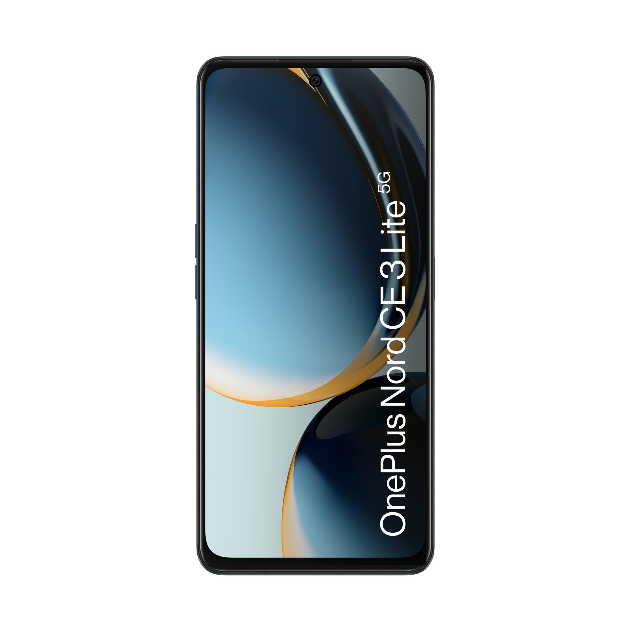 Un smartphone OnePlus Nord CE 3 Lite 5G negro con un fondo abstracto azul y naranja.