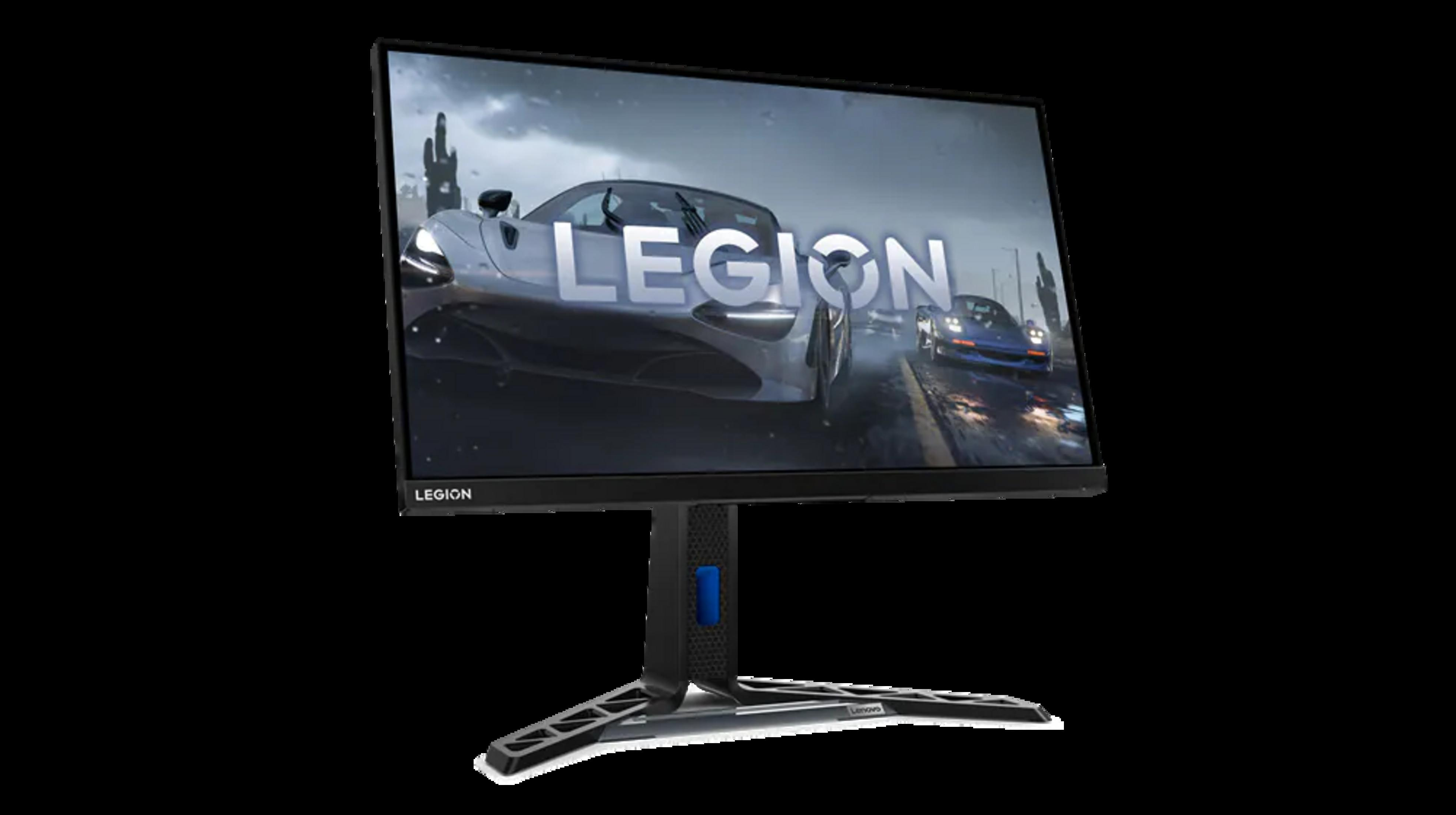 Un monitor da gaming con grafica di auto da corsa e la parola 'LEGION'.