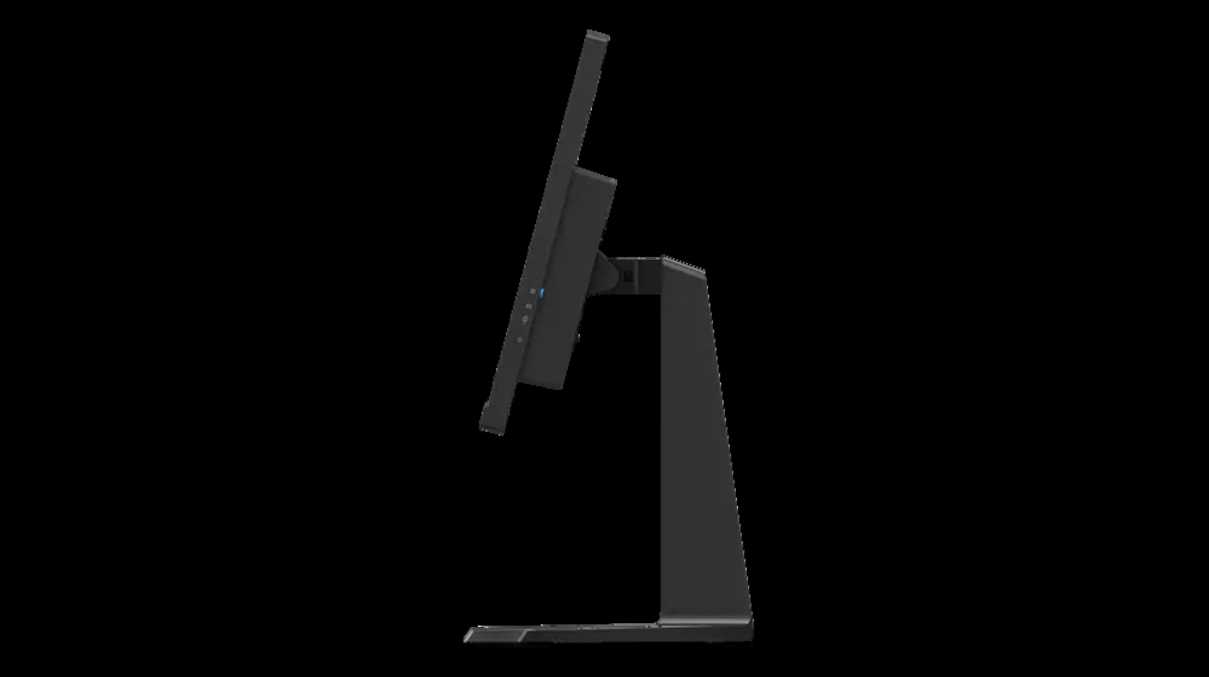 Monitor del computer nero visto di lato su sfondo nero.