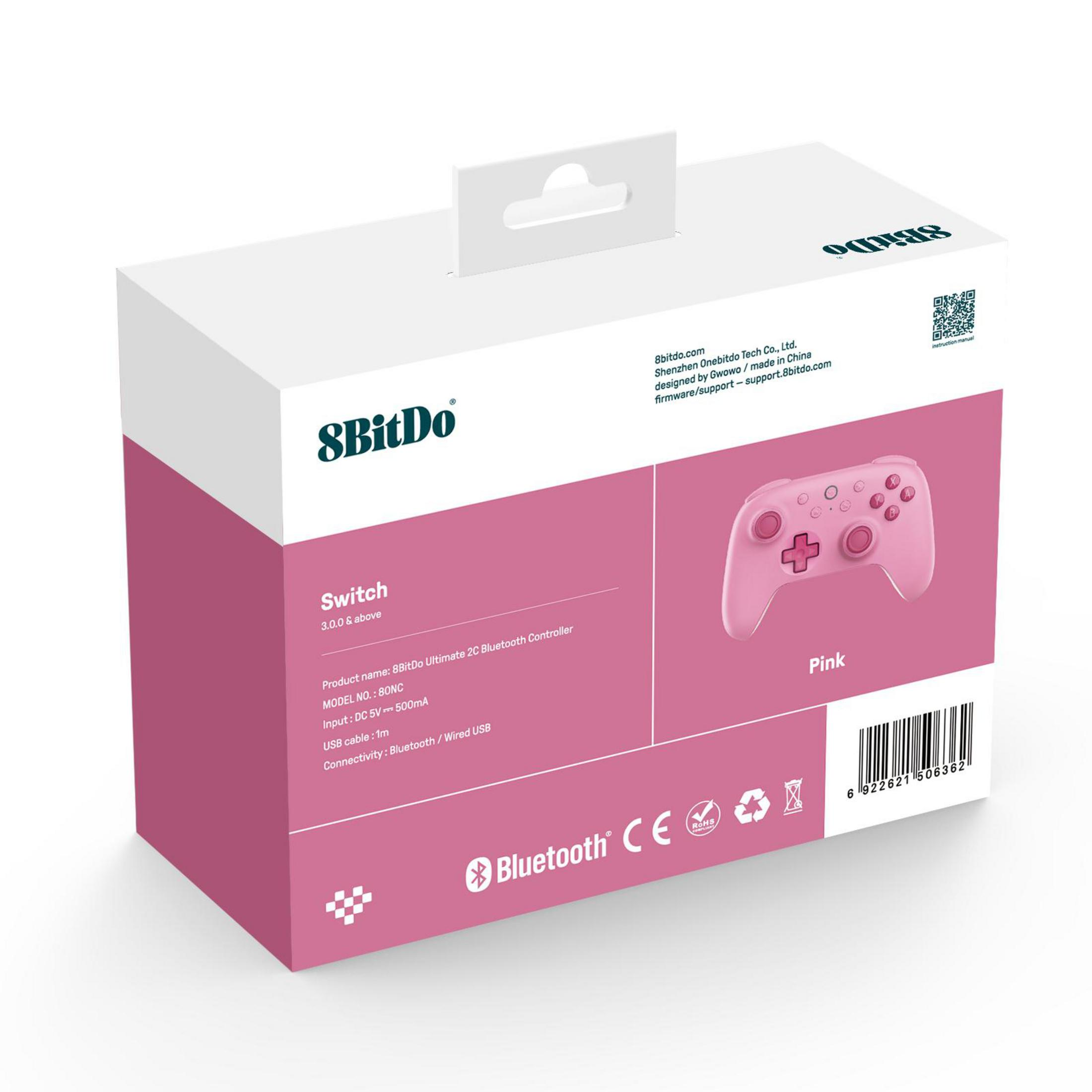 Scatola rosa controller Bluetooth 8BitDo Ultimate 2C con immagine, specifiche e codice a barre.