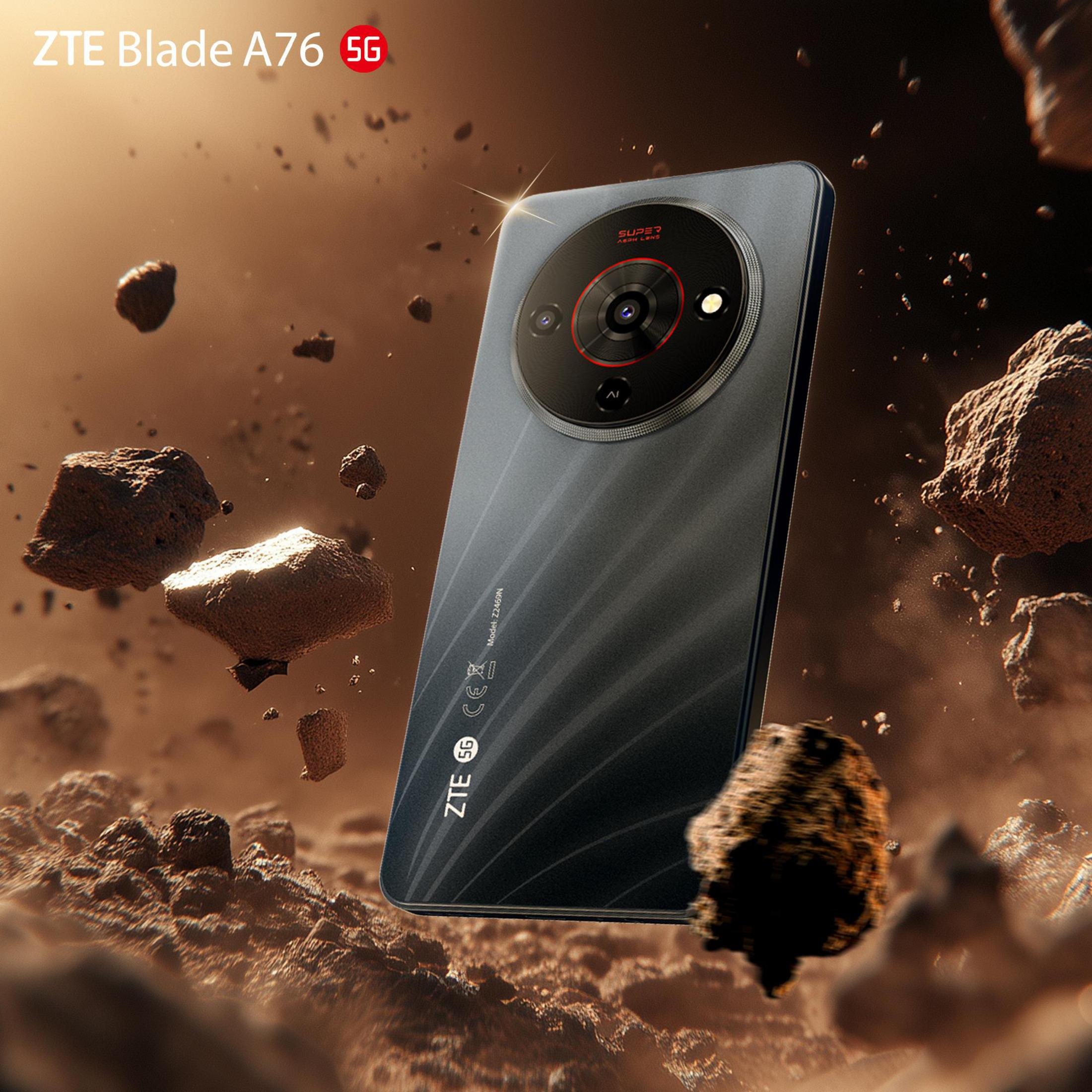 Uno smartphone ZTE Blade A76 5G nero fluttua a mezz'aria, circondato da rocce.