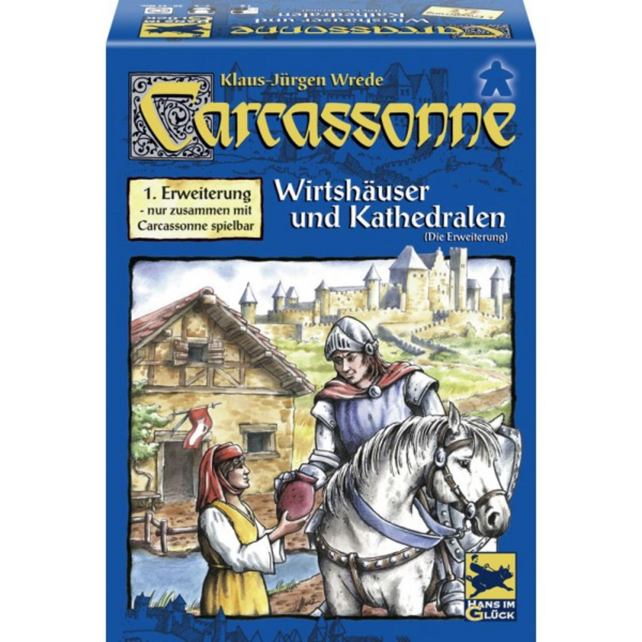 Brettspiel-Box mit Ritter, Pferd, Dorf und Burg im Hintergrund.