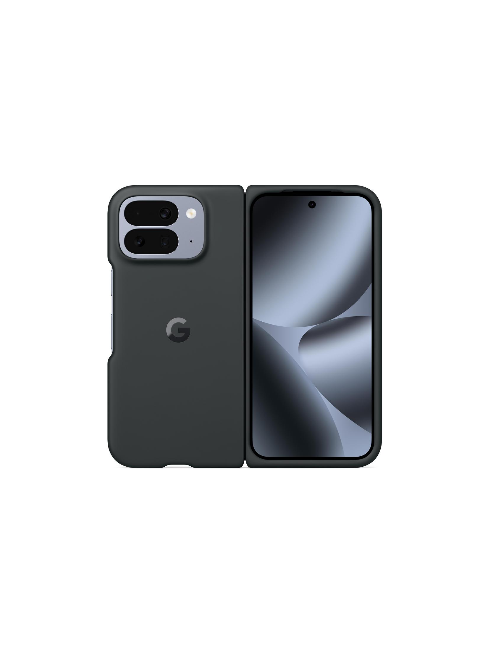 Una custodia grigio scuro con due fotocamere e logo Google, accanto a uno smartphone.