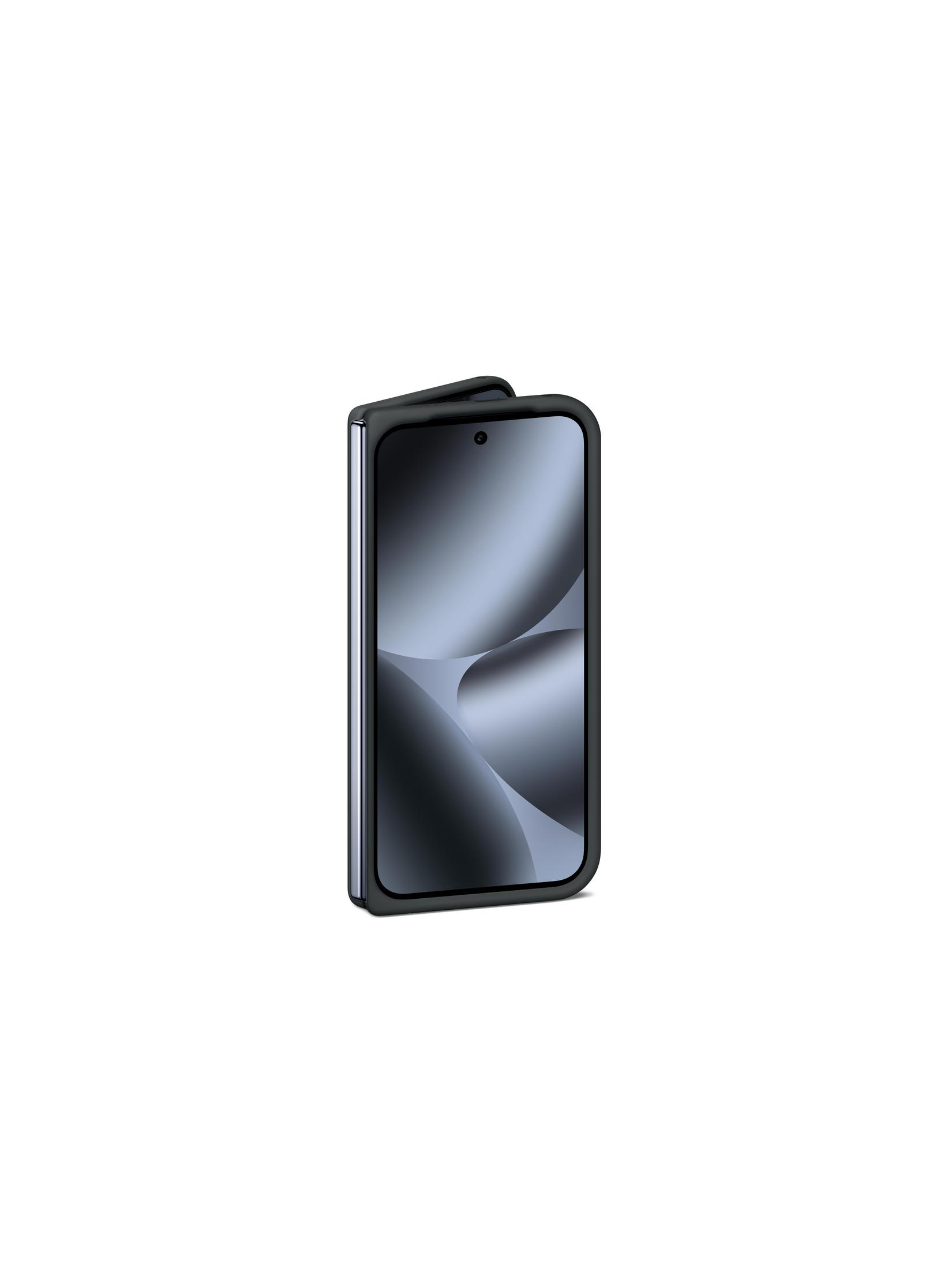 Uno smartphone pieghevole chiuso con cornice nera e schermo scuro.