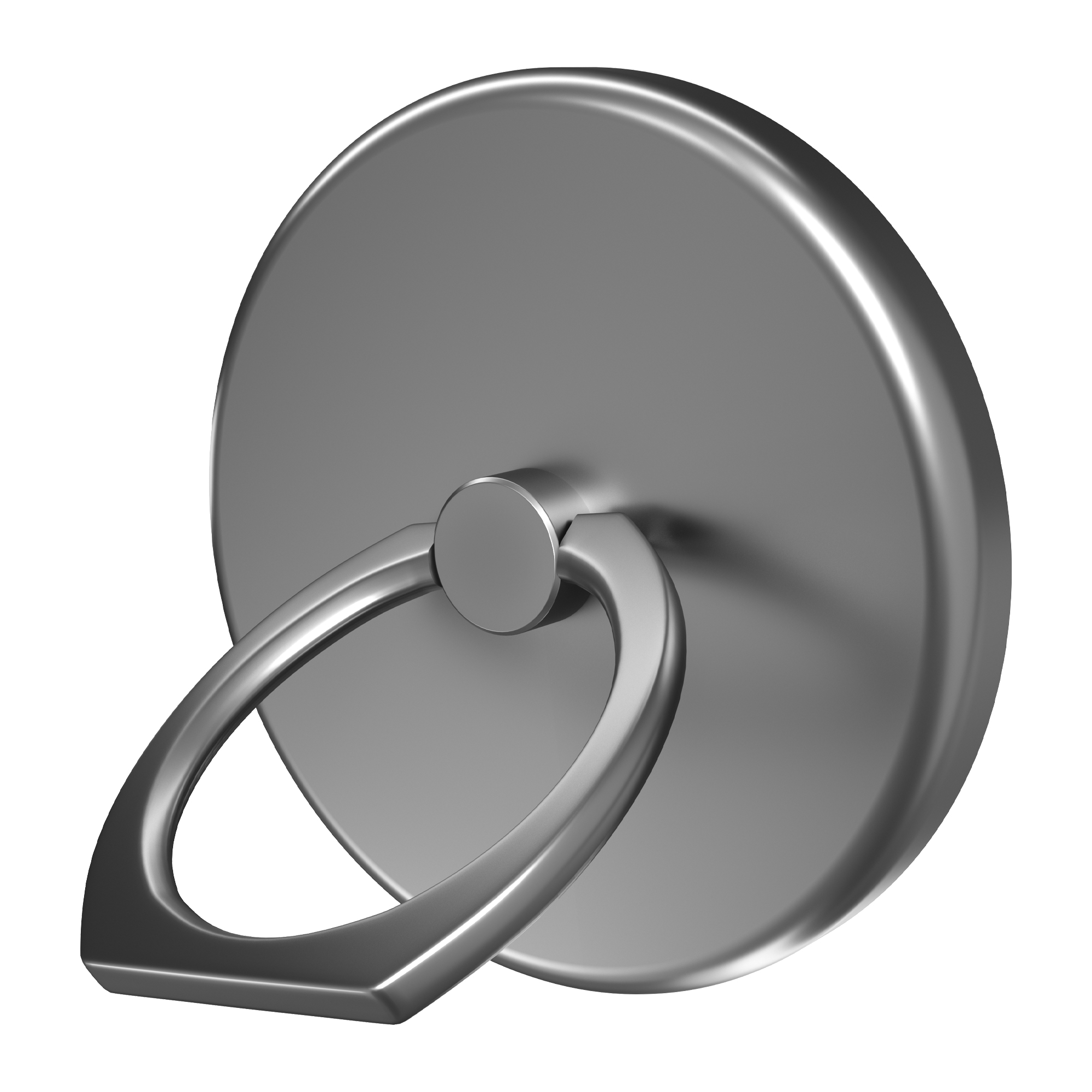 Un soporte plateado para teléfono con un anillo que gira 360 grados.