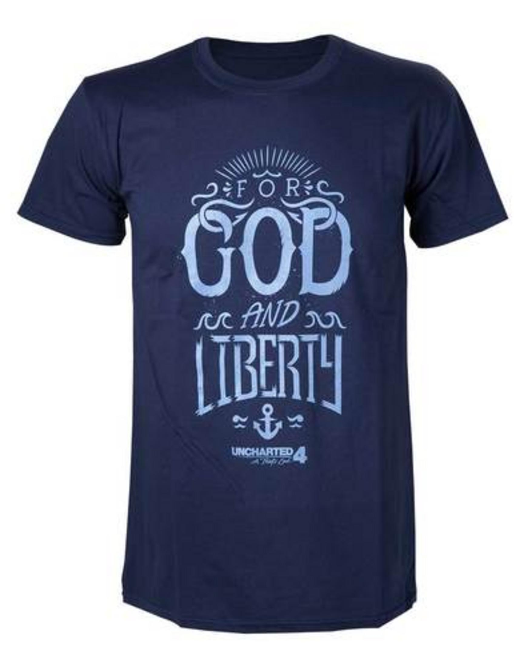 Dunkelblaues T-Shirt mit dem Aufdruck 'For God and Liberty'.