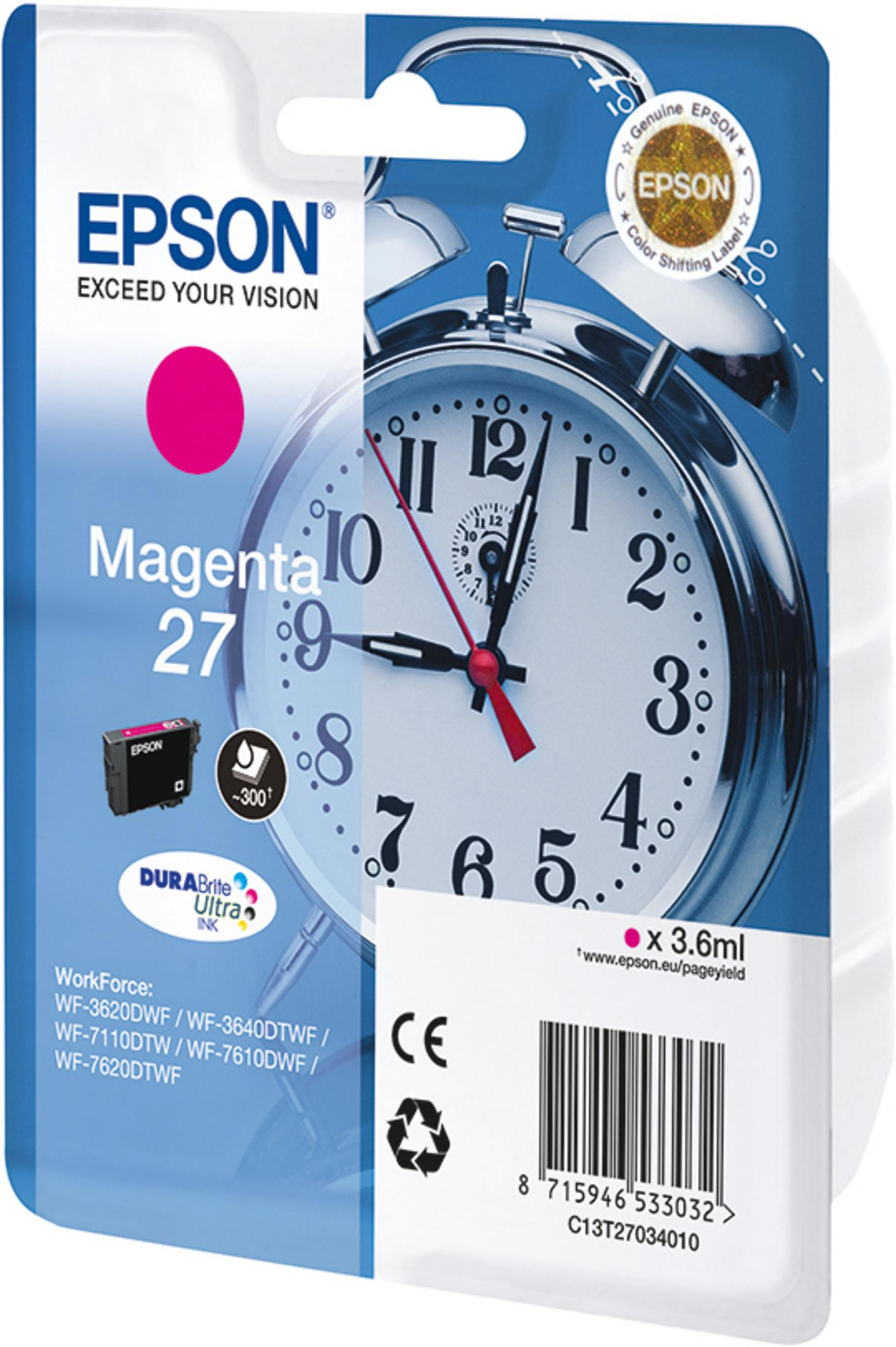 Cartuccia d'inchiostro Epson Magenta 27 con grafica sveglia e dettagli prodotto.