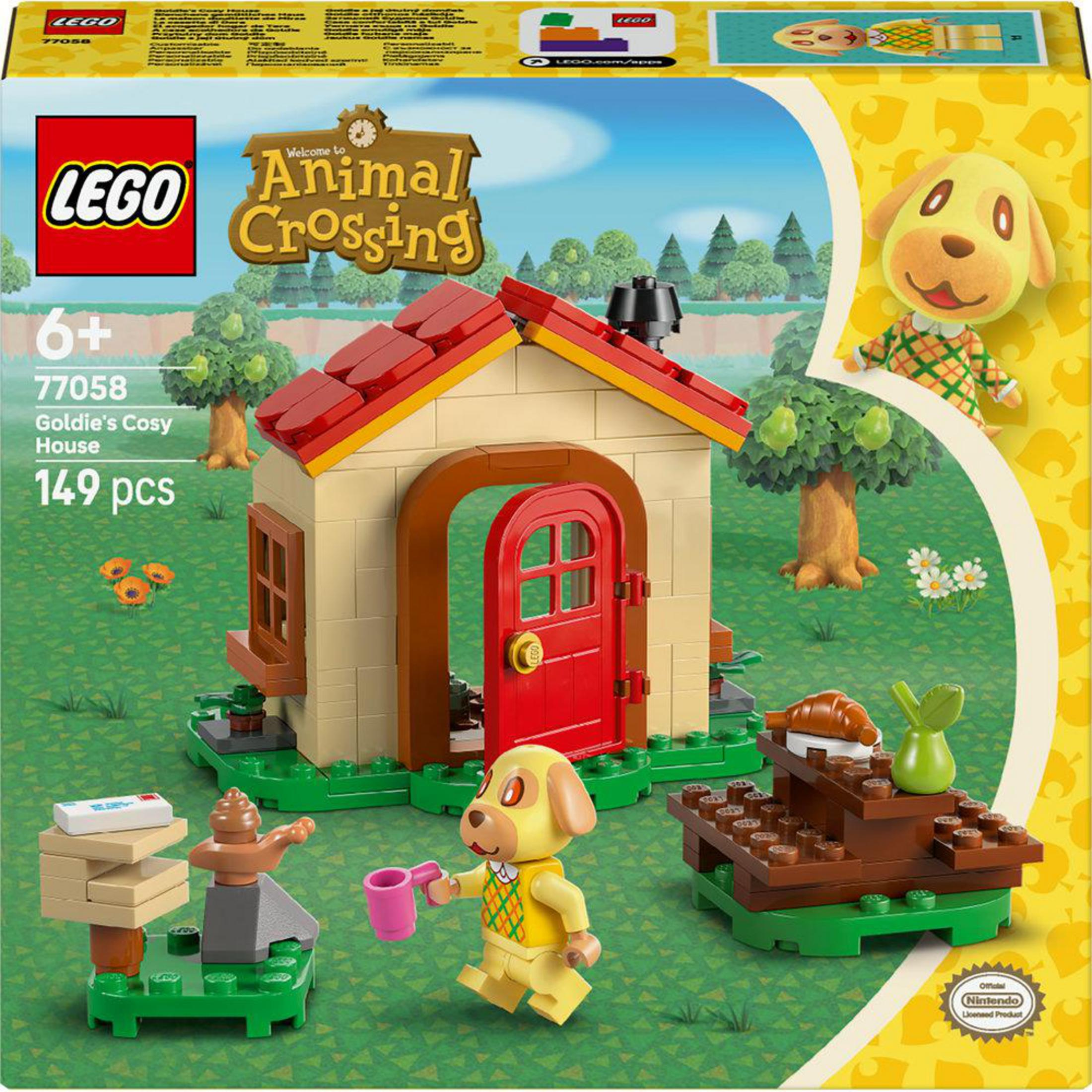 Set LEGO Animal Crossing con casa, figura de perro, árbol y más en césped verde.
