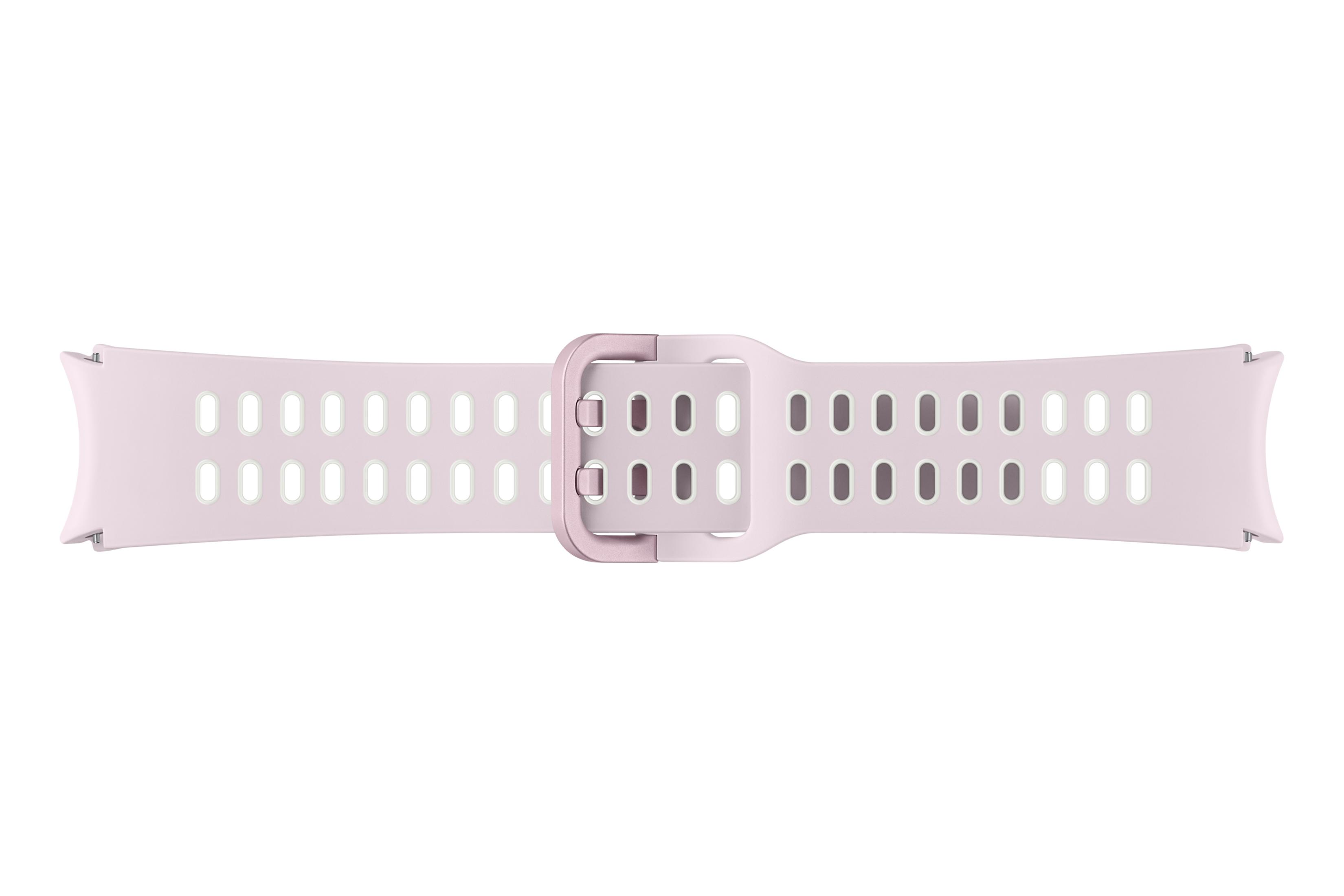 Un cinturino rosa chiaro con ritagli ovali e una fibbia.