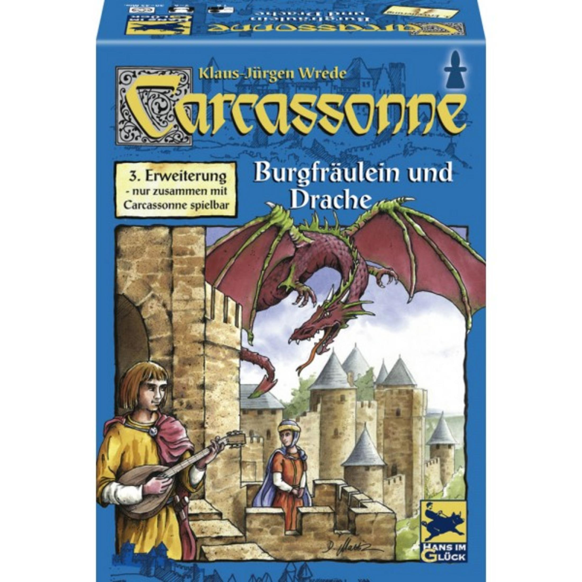 Brettspiel-Box mit Drache und Burg: Ein Mann spielt Laute, ein Drache fliegt über eine Burg.