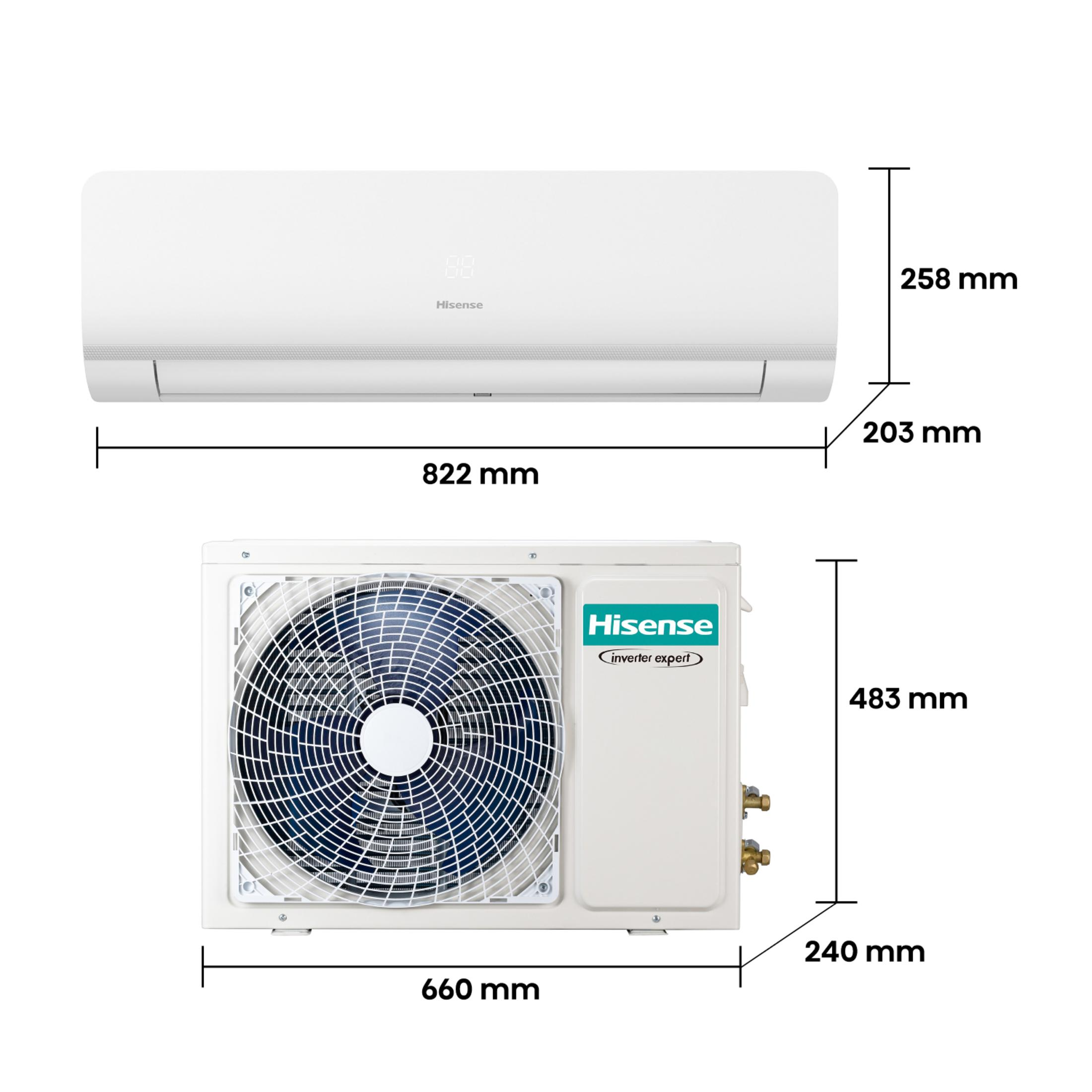 Un aire acondicionado Hisense blanco con unidades interior y exterior, medidas.