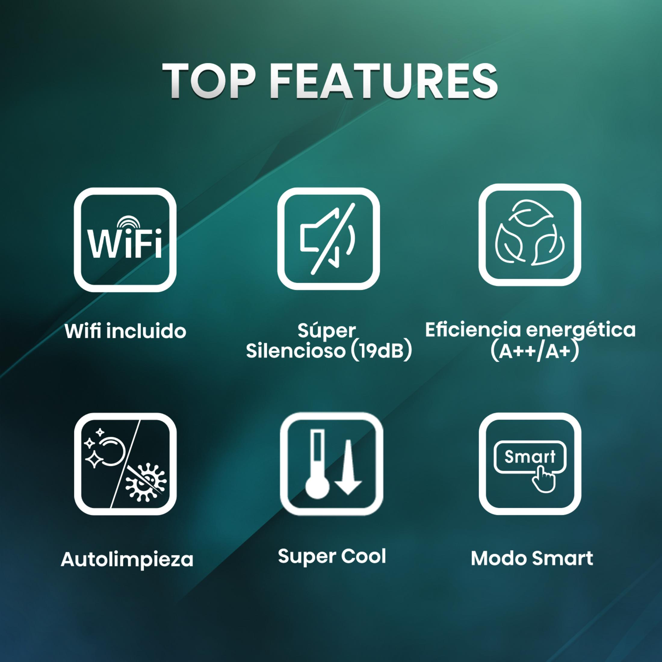Características Principales: WiFi, Súper Silencioso, Eficiencia Energética, Autolimpieza, Super Cool, Modo Smart.