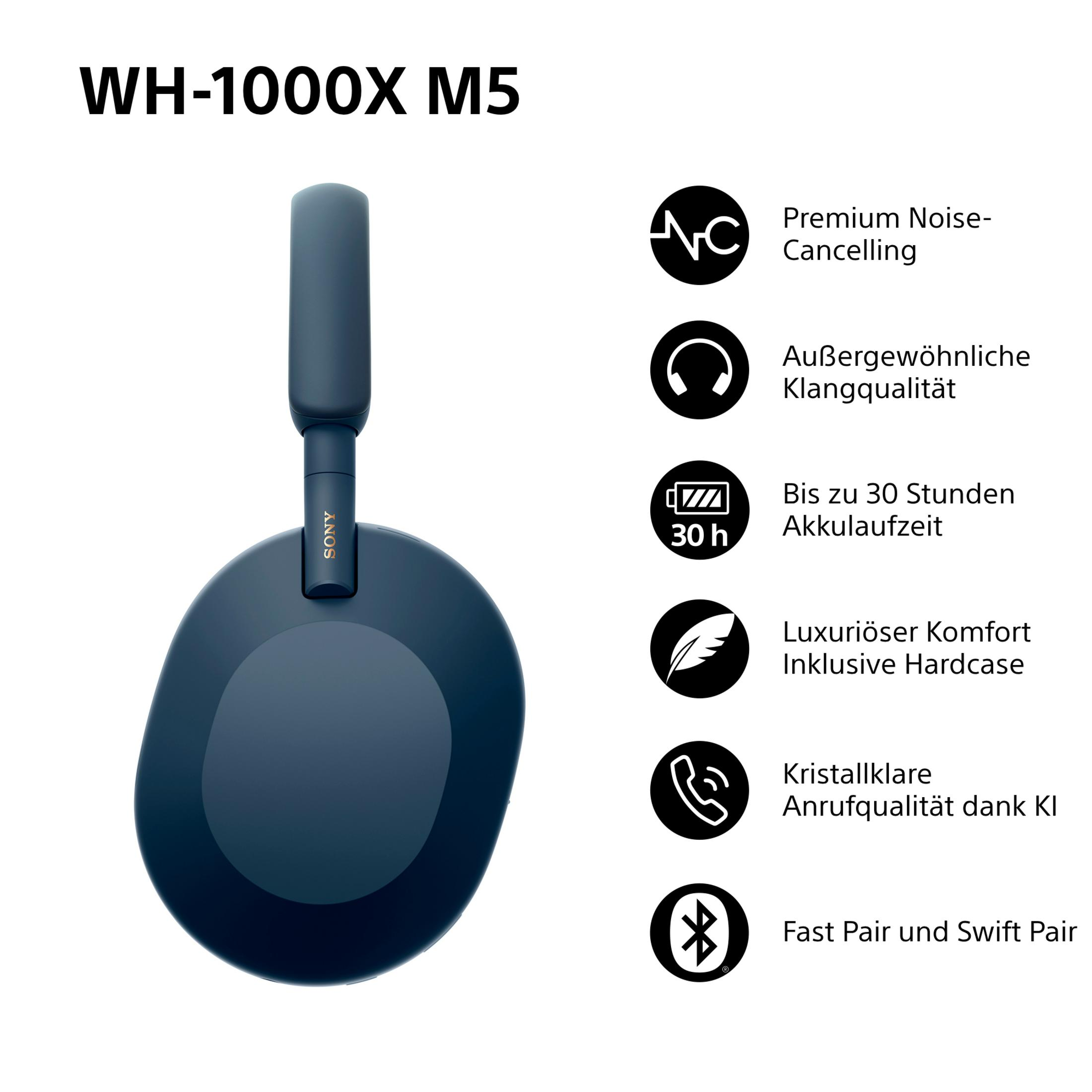 Blaue Sony Kopfhörer WH-1000XM5 mit Features wie Geräuschunterdrückung.