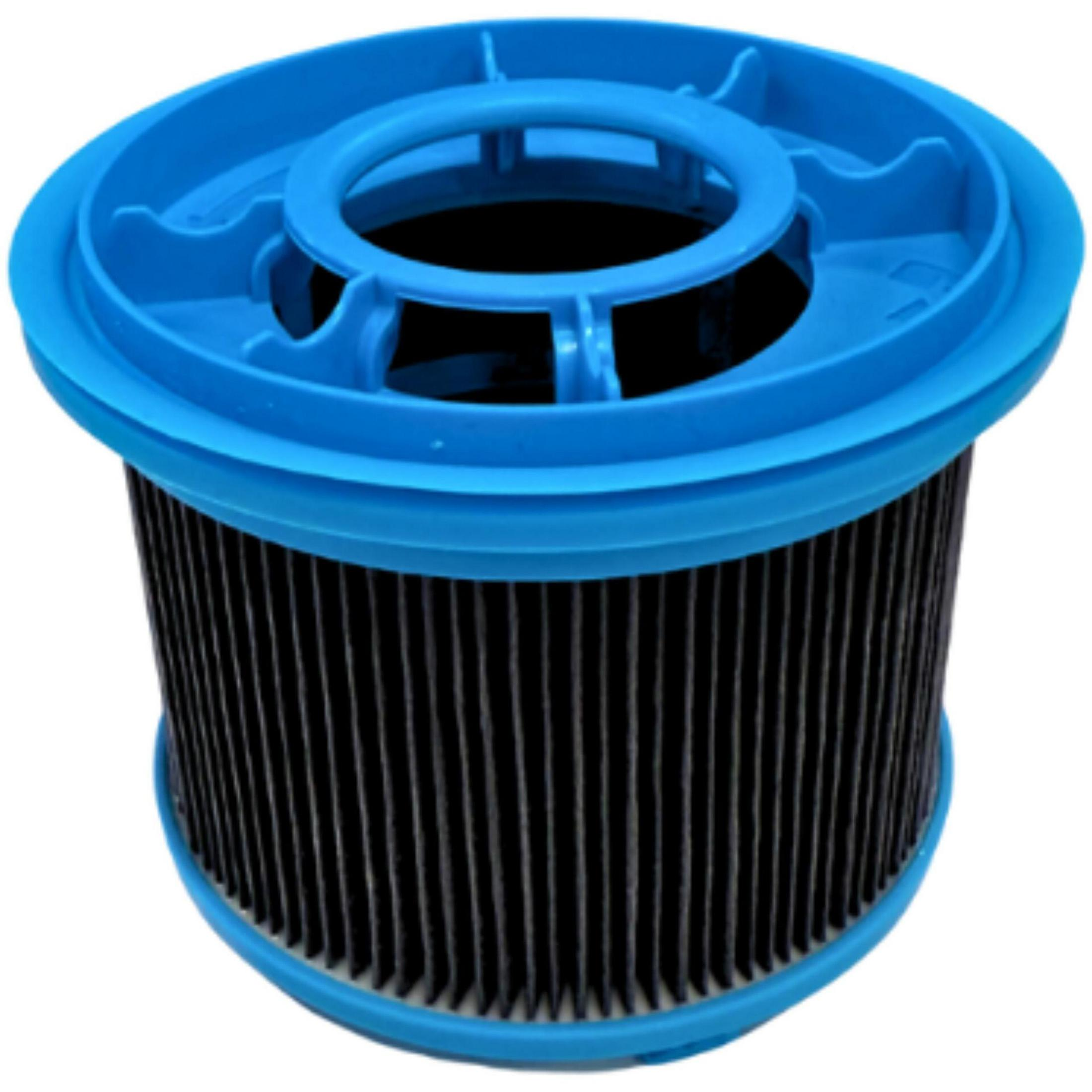 Ein blauer Staubsaugerfilter mit schwarzem Lamellenmaterial.