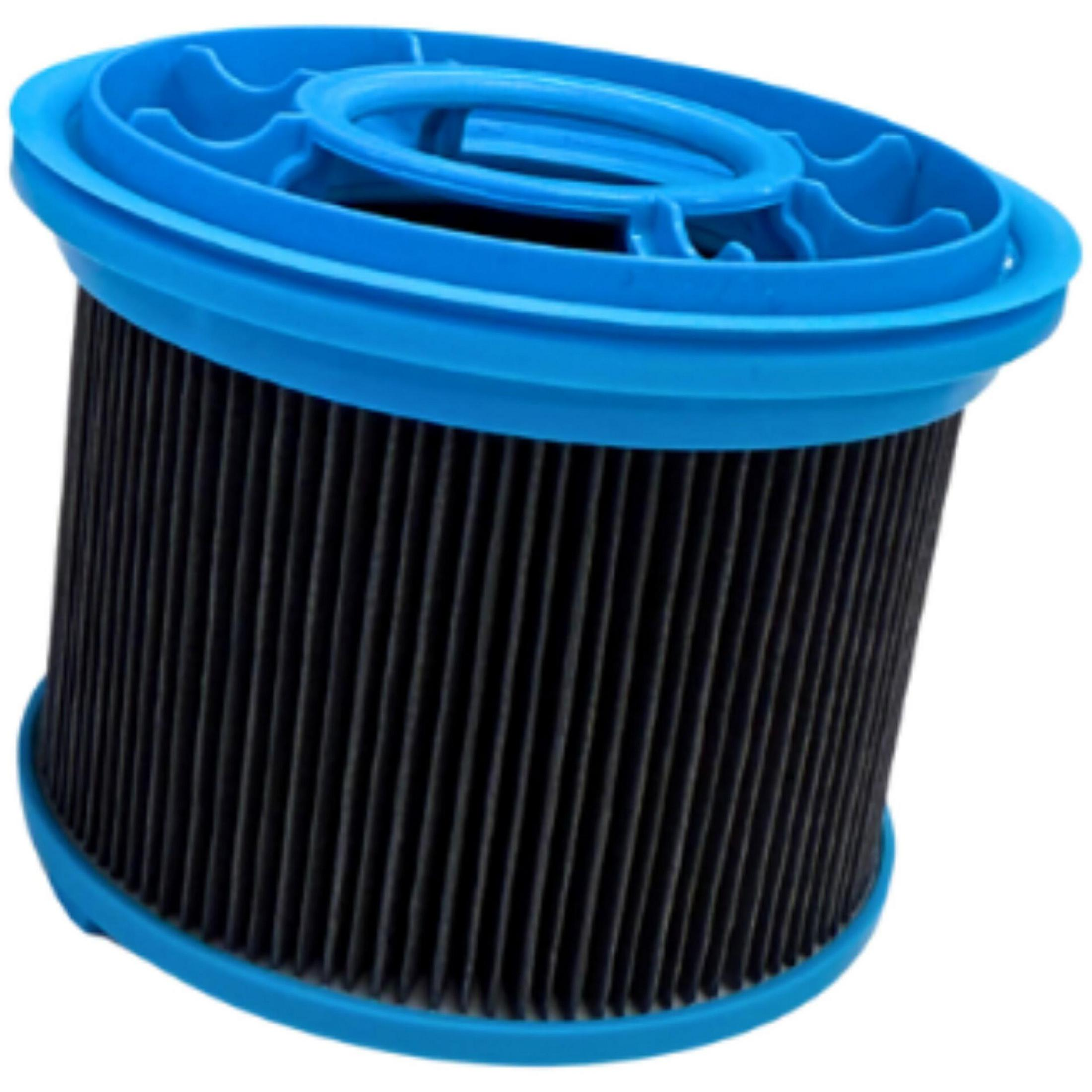 Ein blauer und schwarzer zylindrischer Filter mit schwarzem Faltenmaterial und blauem Kunststoff oben.