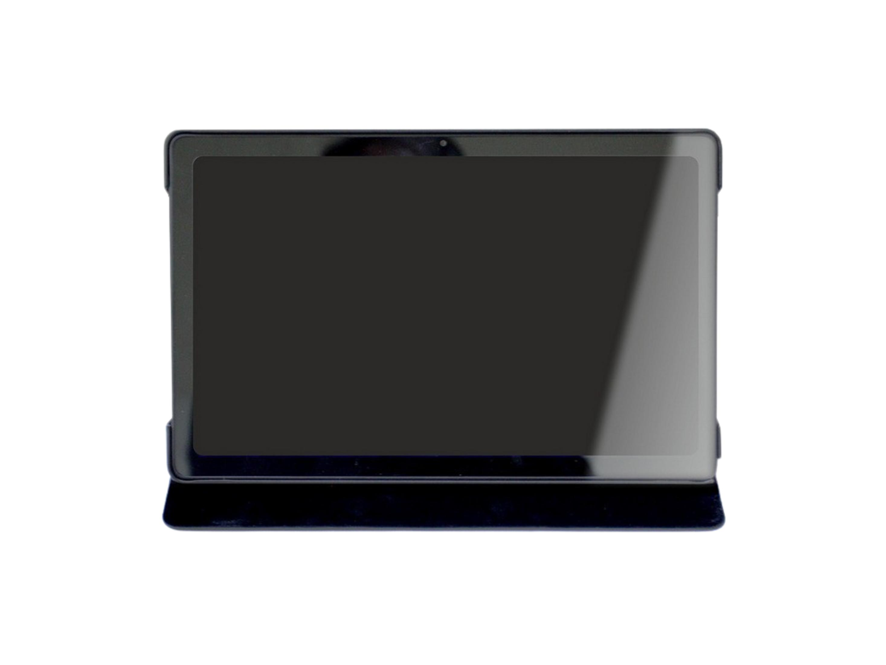 Una tableta negra con pantalla oscura, apoyada sobre una funda azul oscuro.