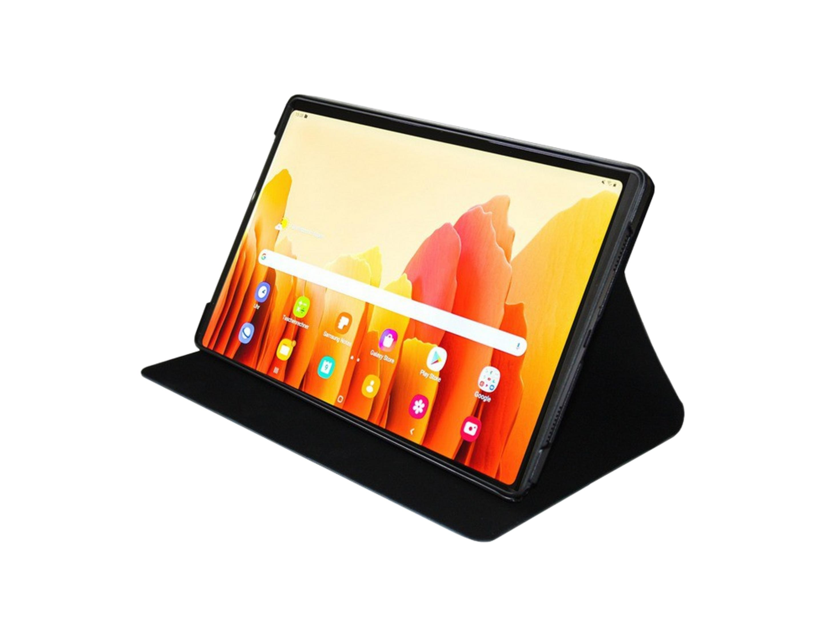 Una tablet negra con fondo colorido y aplicaciones en la pantalla.