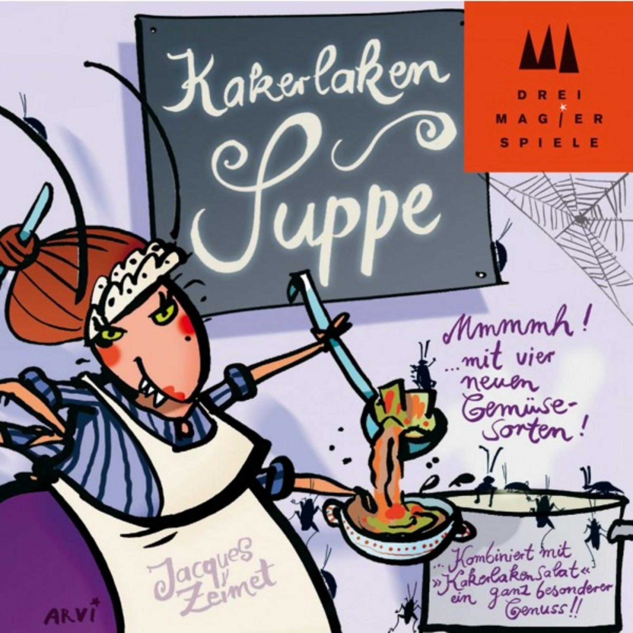 Eine Kakerlake schöpft Suppe aus einem Topf, auf dem "Kakerlakensuppe" steht.