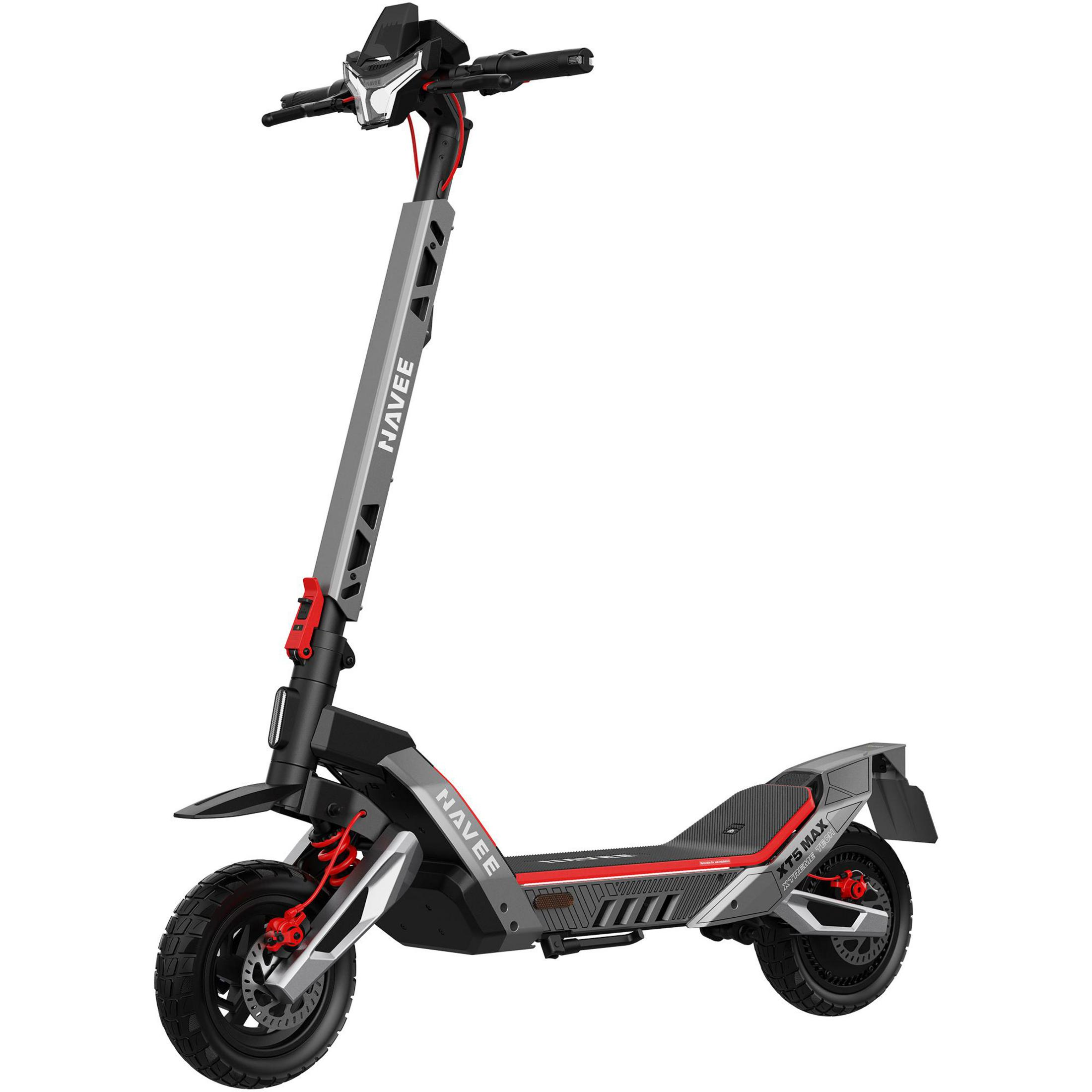 Ein graues und schwarzes E-Scooter mit roten Akzenten und breiten Reifen.