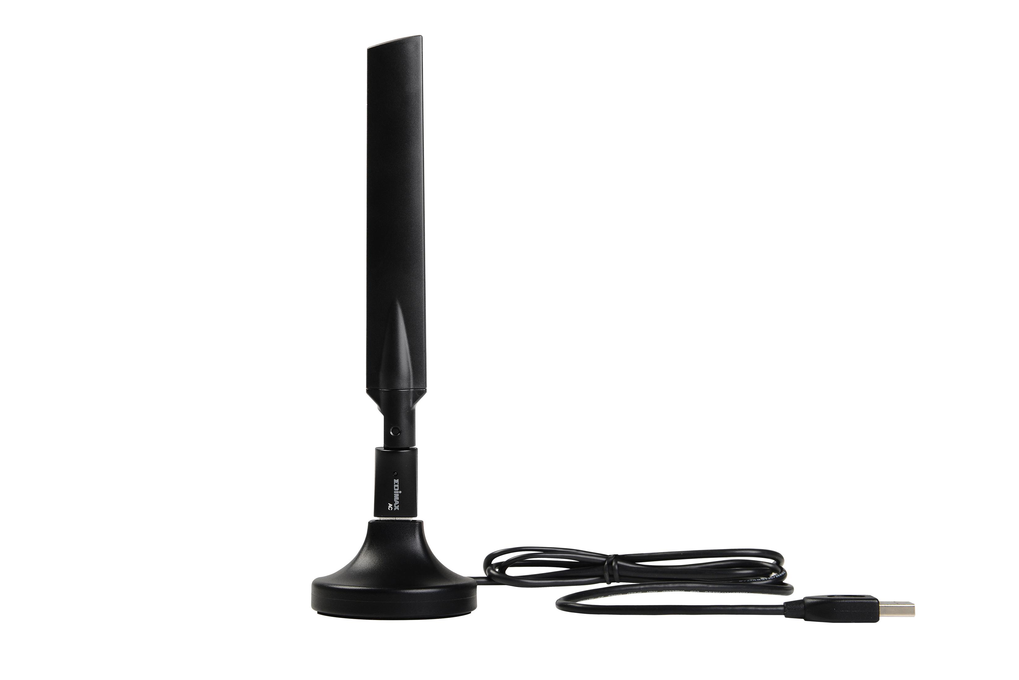Schwarzer USB-WLAN-Adapter mit Antenne und Kabel auf weißem Hintergrund.