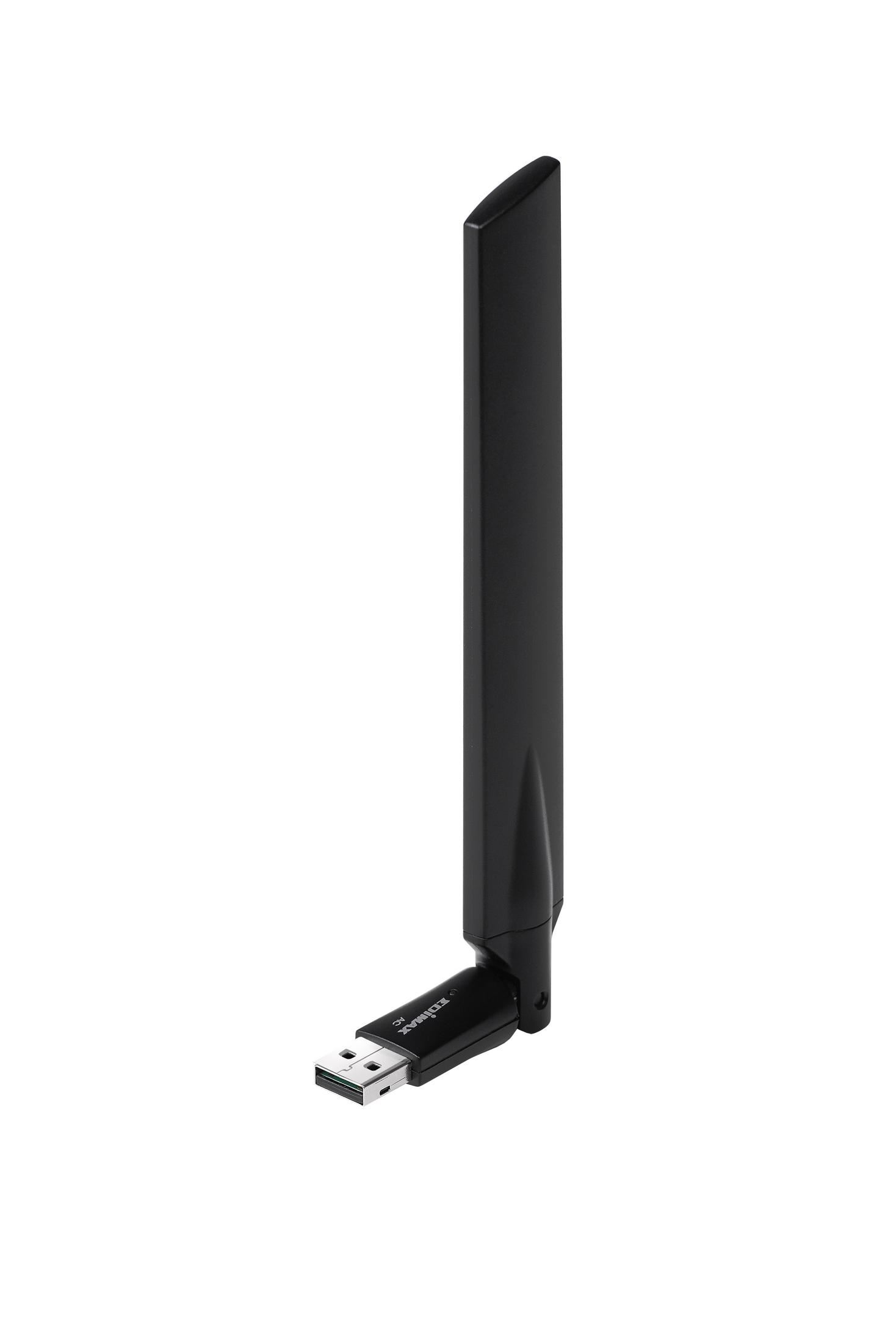 Ein schwarzer USB-WLAN-Adapter mit externer Antenne auf weißem Hintergrund.