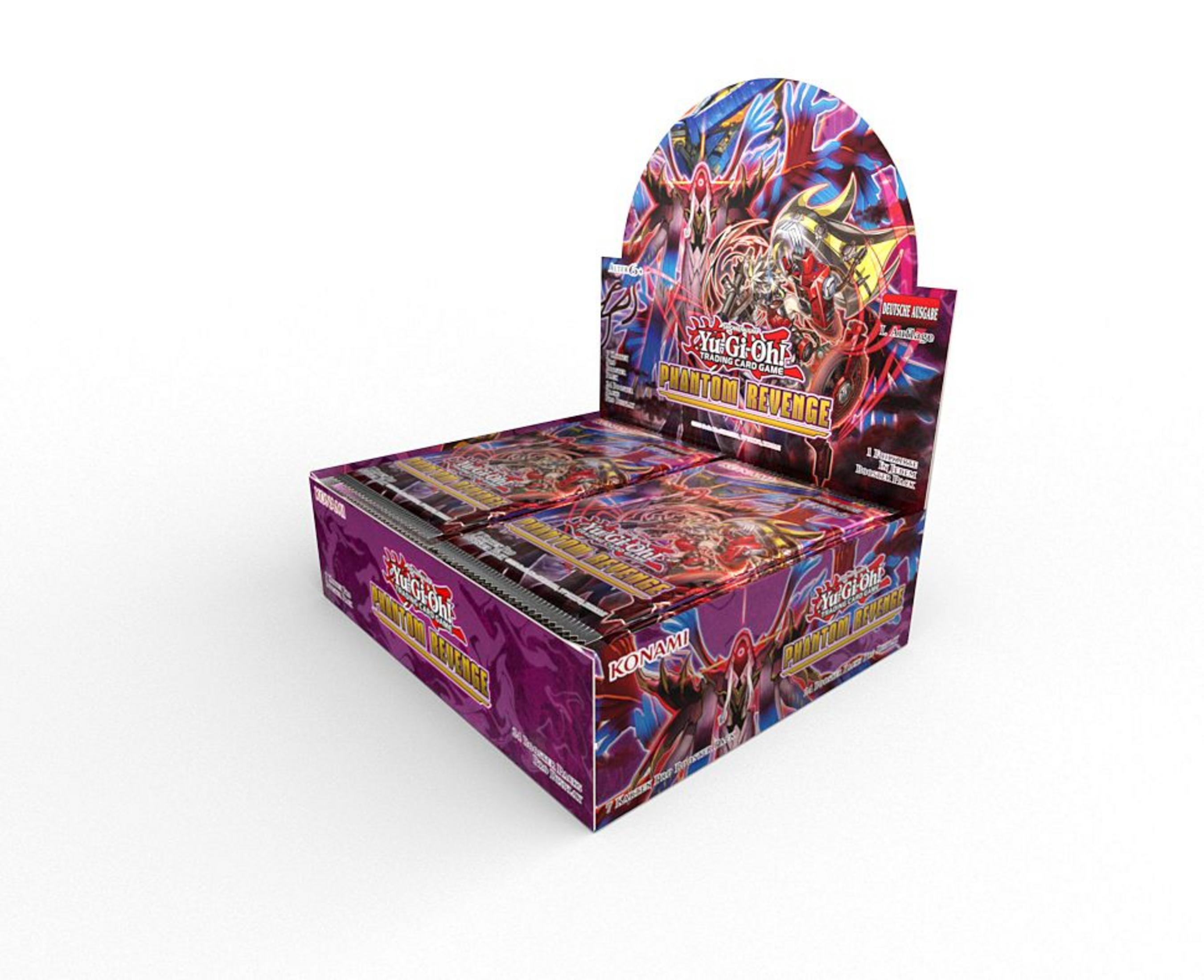 Eine Yu-Gi-Oh! Phantom Revenge Booster Box mit vielen Packs.