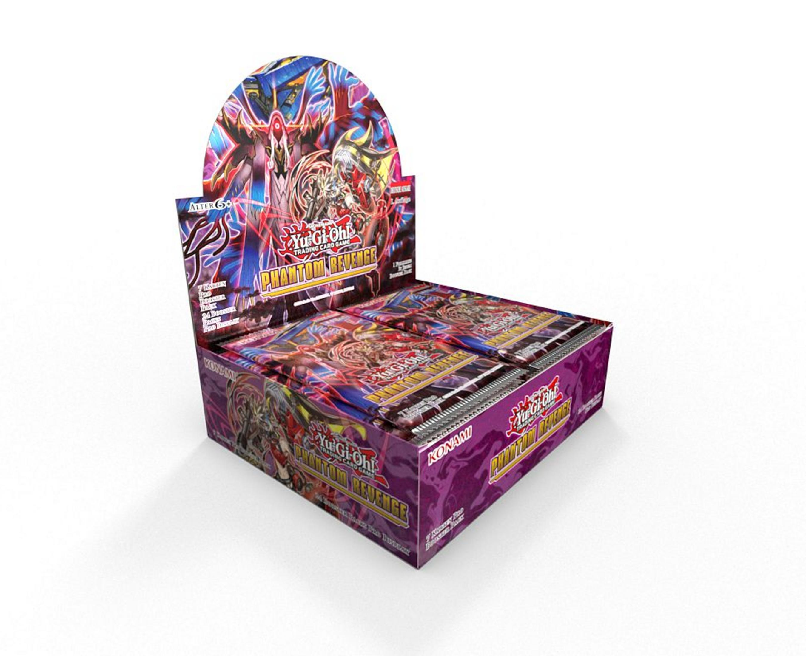 Eine geöffnete Yu-Gi-Oh! Phantom Revenge Box mit sichtbaren Kartenpackungen und Artwork.