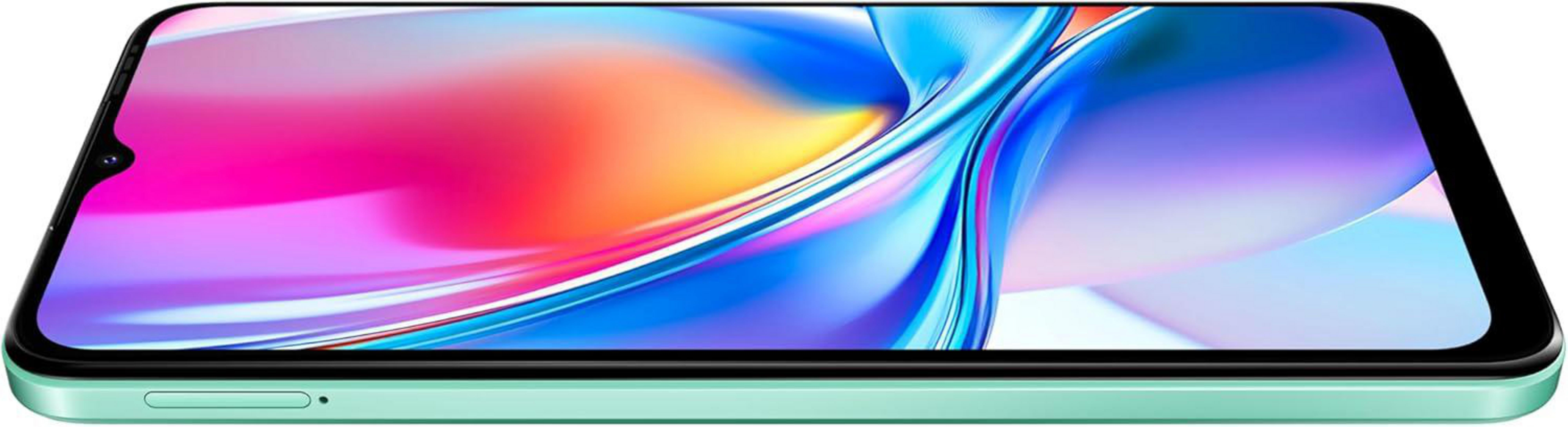 Uno smartphone color acquamarina con uno sfondo astratto e colorato sullo schermo.