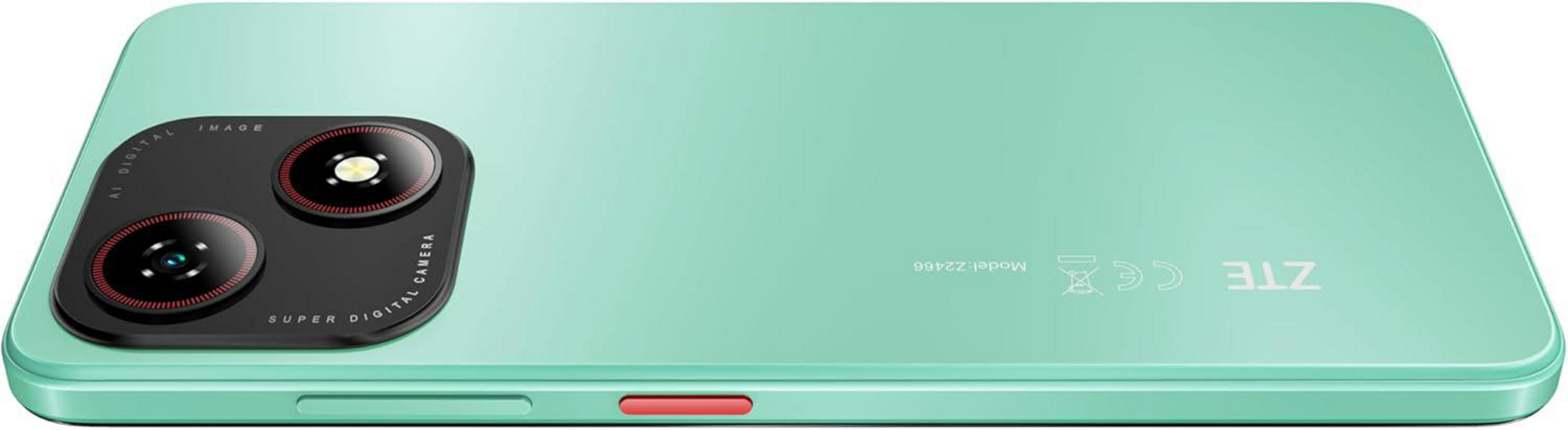Retro di uno smartphone verde menta con doppia fotocamera e logo ZTE.