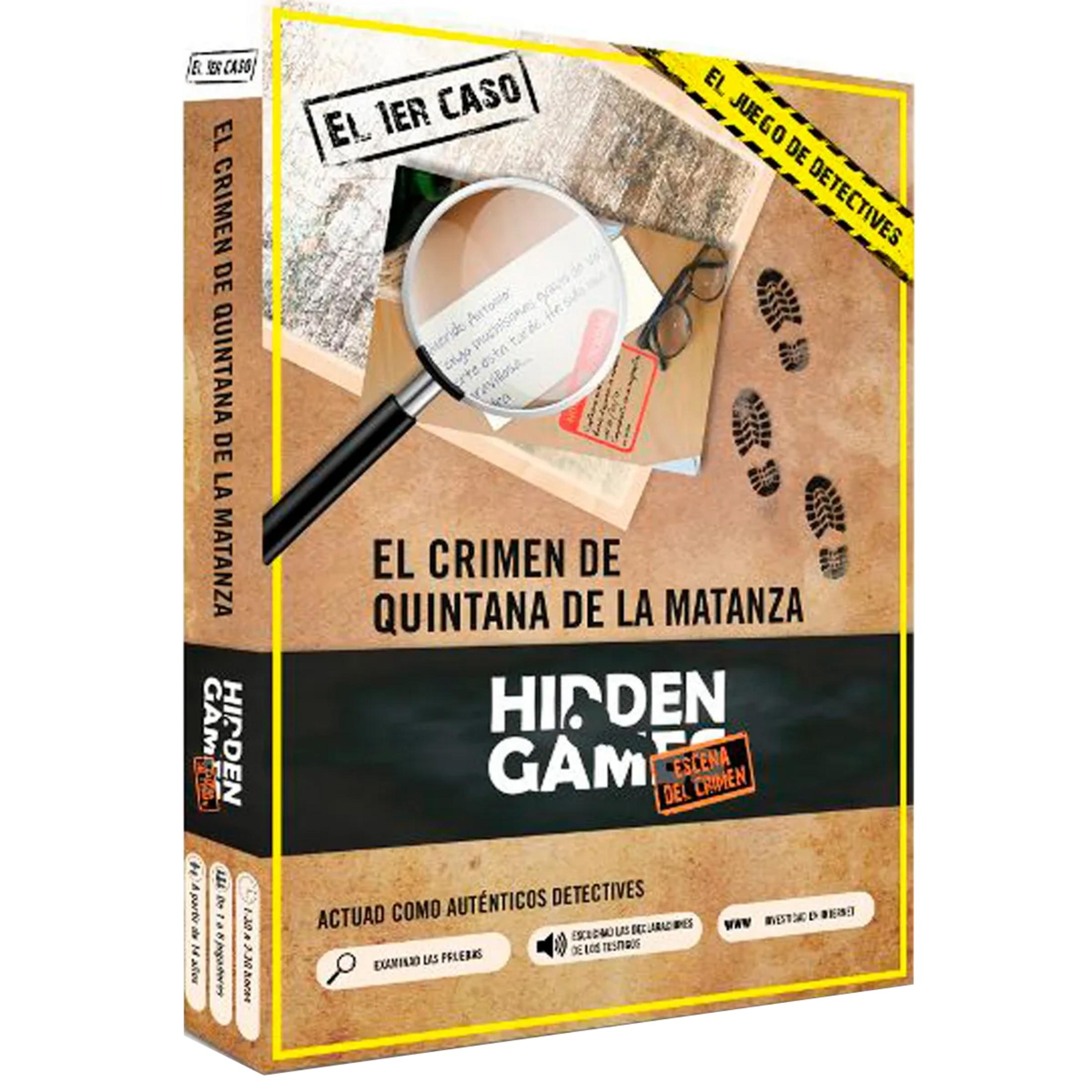 Una caja de juego de crimen con lupa, gafas, huellas y notas.