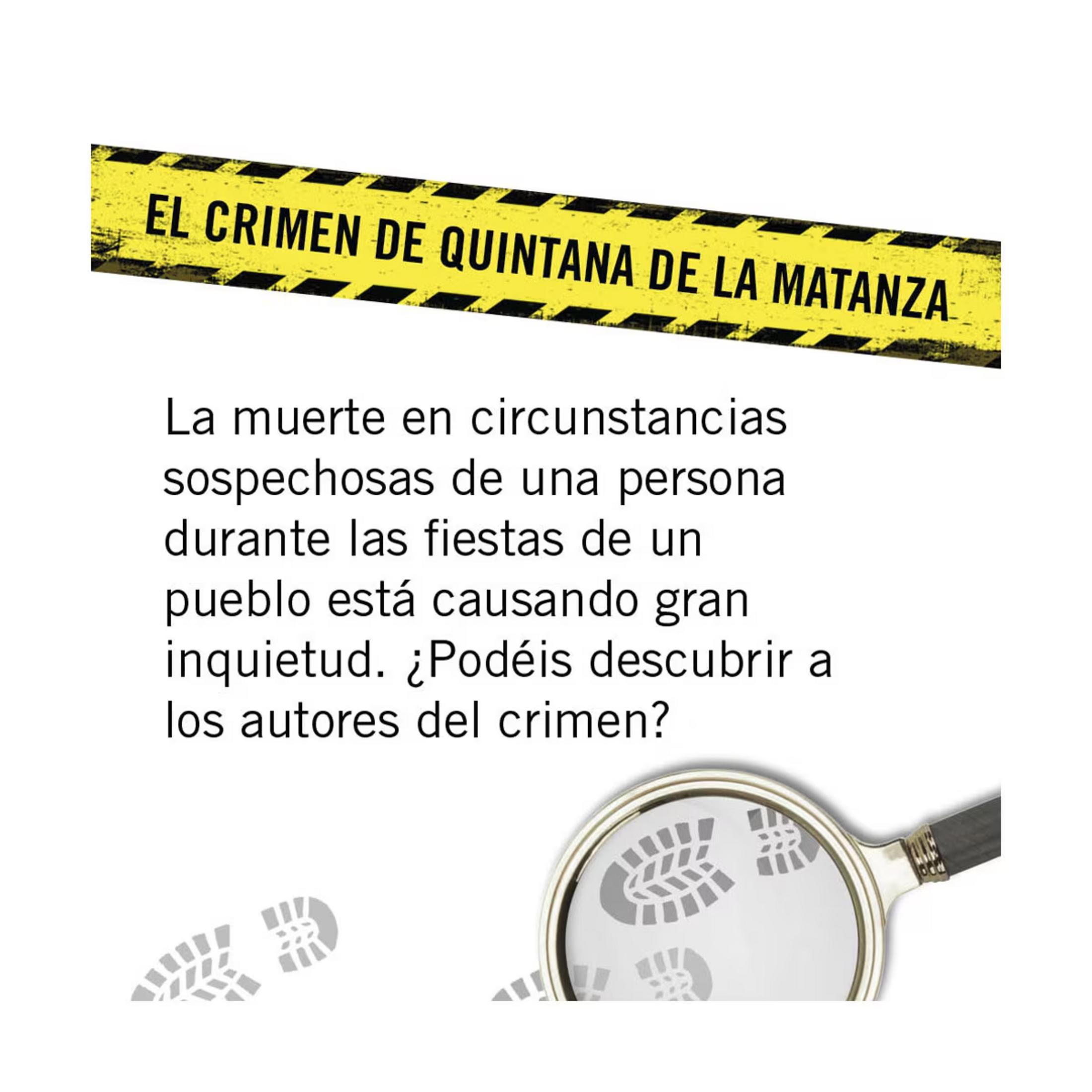 Cinta amarilla con texto 'EL CRIMEN DE QUINTANA DE LA MATANZA', huellas, lupa.