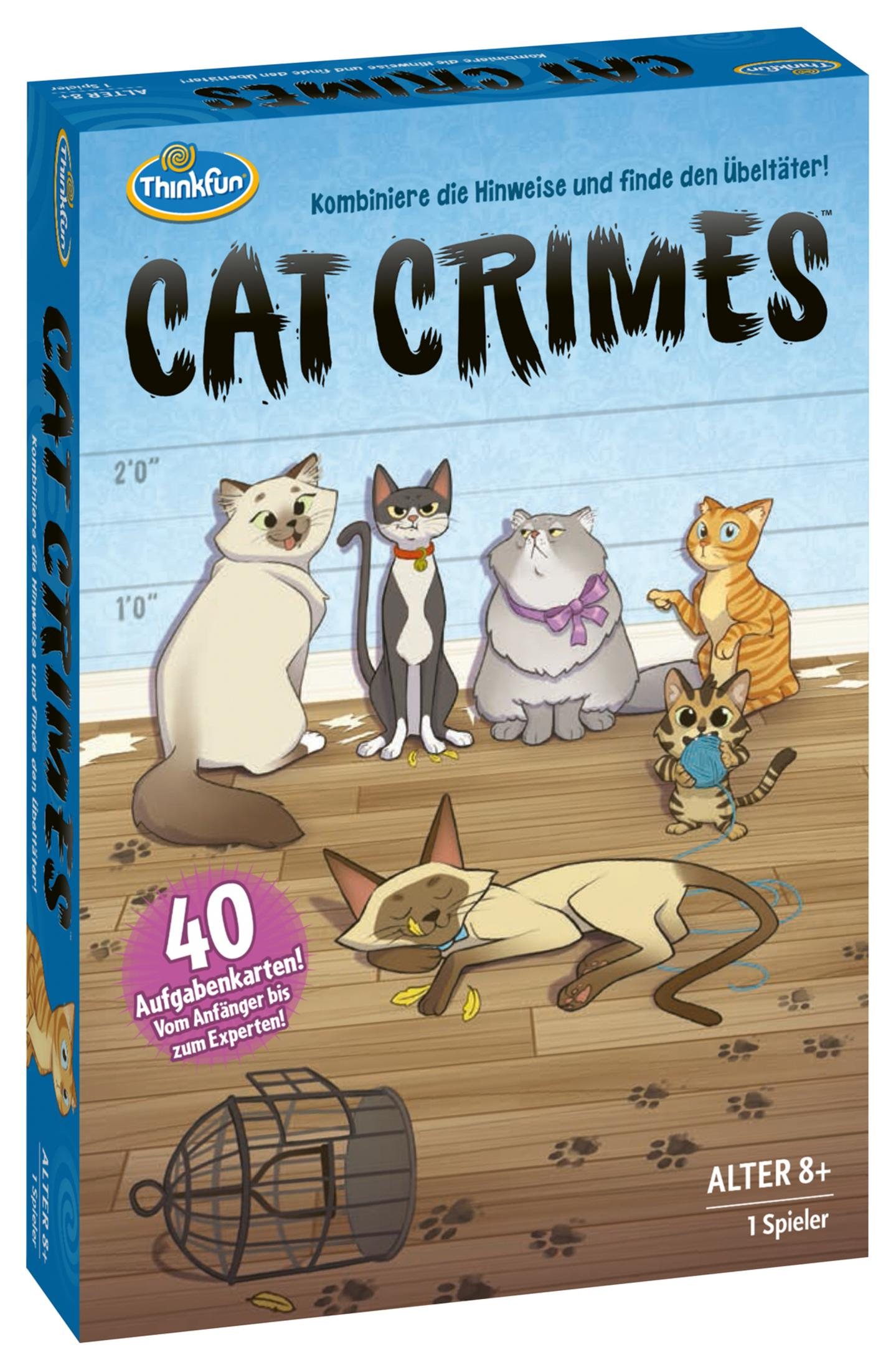 Brettspiel "Cat Crimes" mit Katzenfiguren, einer Vogel- und einer Käfig-Figur.