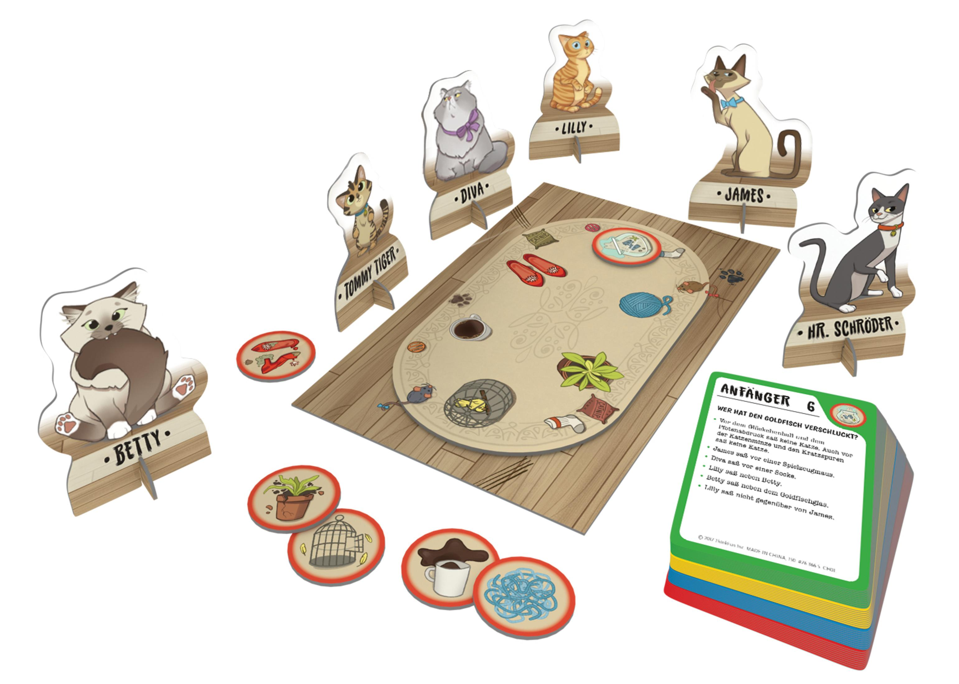 Brettspiel mit Katzenfiguren, Spielbrett, Karten und Tokens.