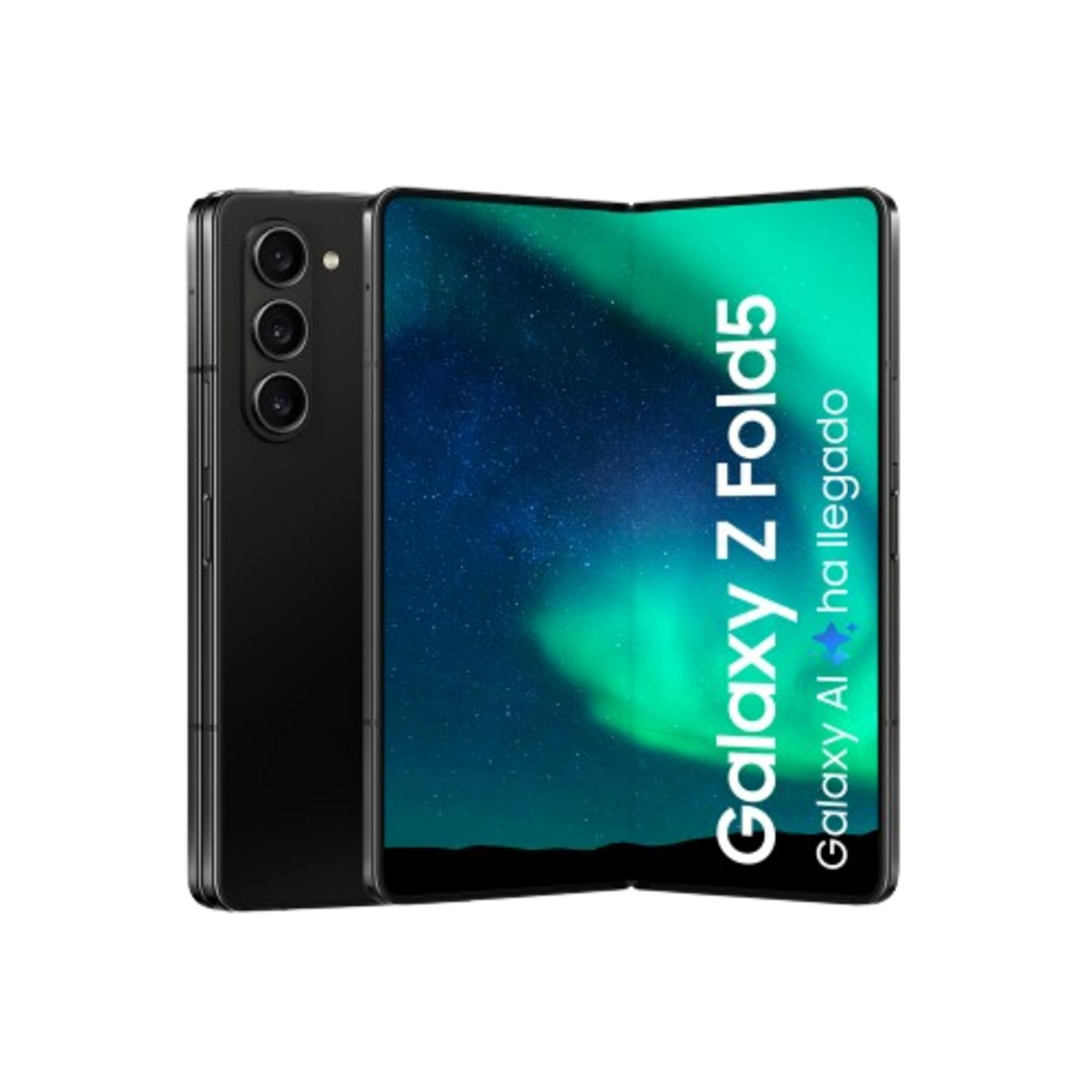 Schwarzes faltbares Samsung Galaxy Z Fold5 mit Aurora-Hintergrundbild.