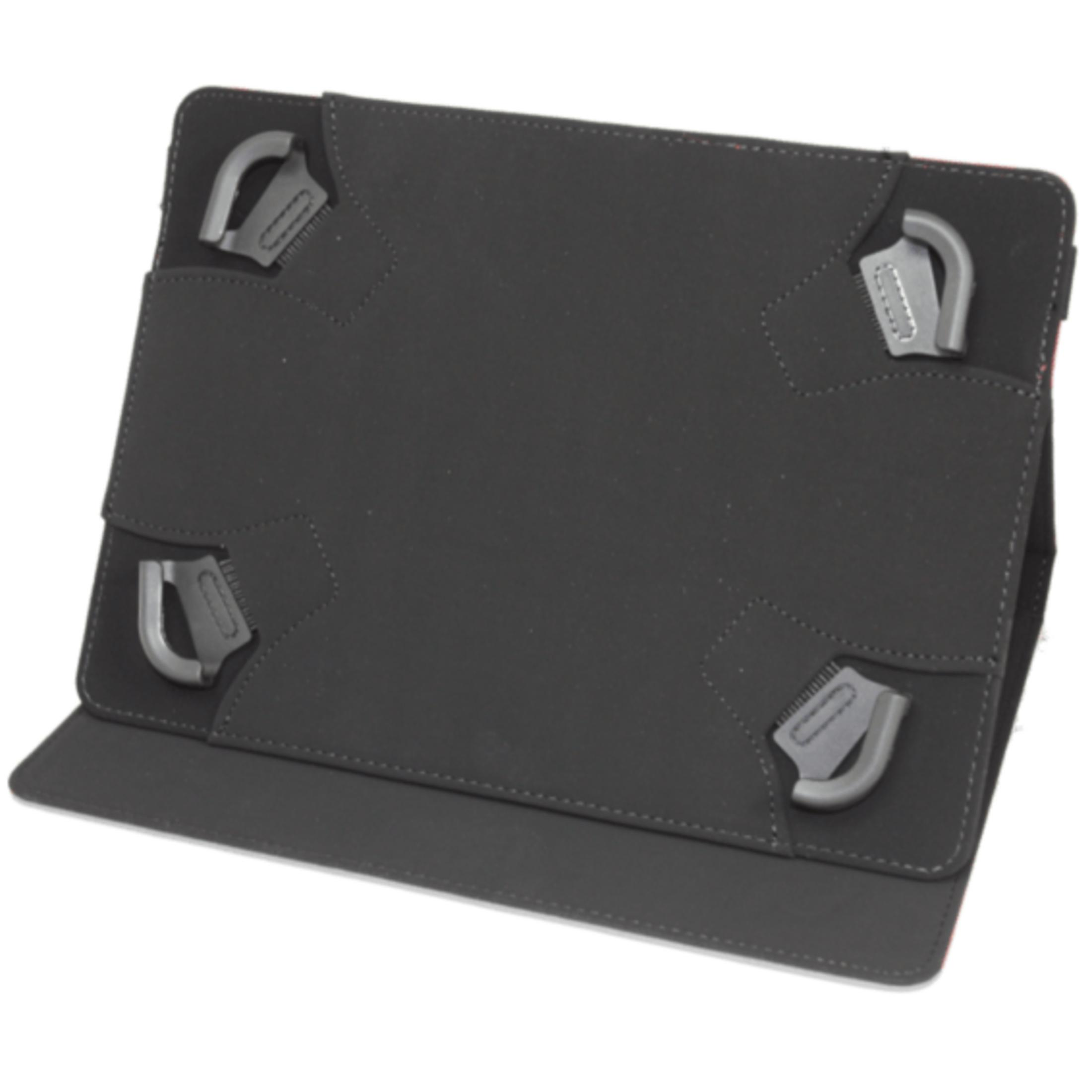 Funda negra para tableta con cuatro soportes en las esquinas y solapa frontal abierta.